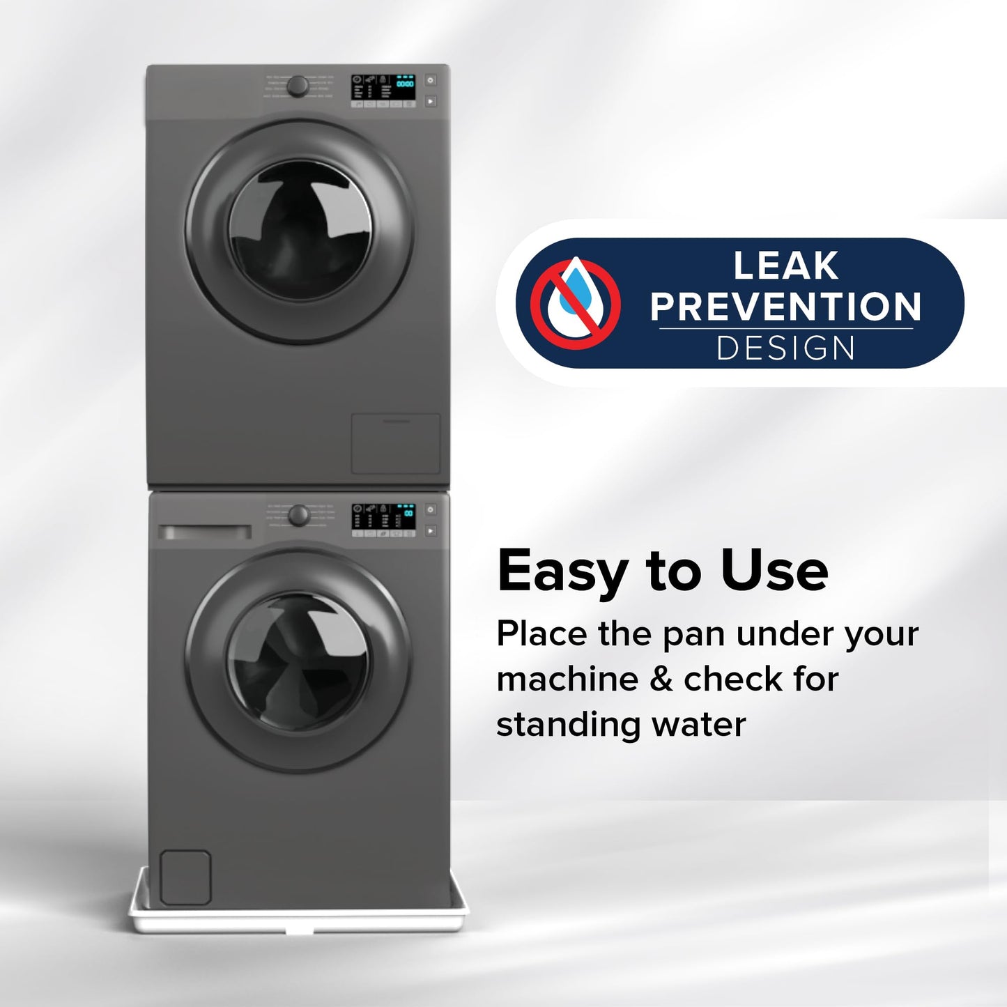 Camco Stackable Washing Machine Drain Pan - Measures 25″ (L) x 27″ (W) ID & 28″ (L) x 30″ (W) x 2 7/16″ (H) OD - Great for Apartment-Sized Washers/Stackable Units - 1"/1.5" PVC Drain Fitting (21006)
