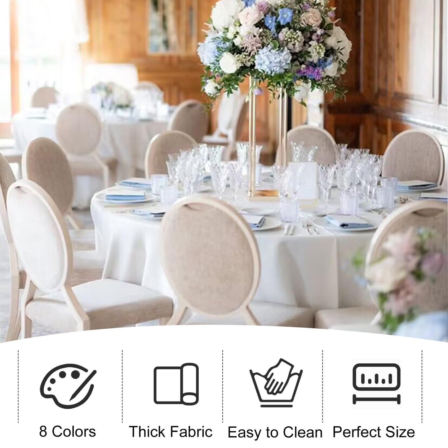 JALANCY 4 Pack Round Tablecloth 108 Inch White Polyester Washable Fabric Table Covers for Wedding Dining Table Buffet Parties Banquet Decor