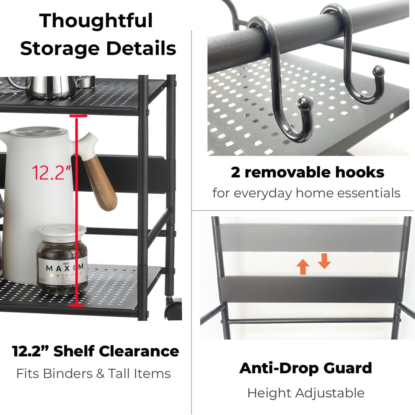 FORSTORAGE 2-Tier Metal Rolling Cart, Under Desk Storage with 12.2" Shelf Clearance, Anti-Drop Guard & Hooks, Compact Utility Cart for Kitchen, Office, Laundry, Bathroom, Pantry, Living Room - Black