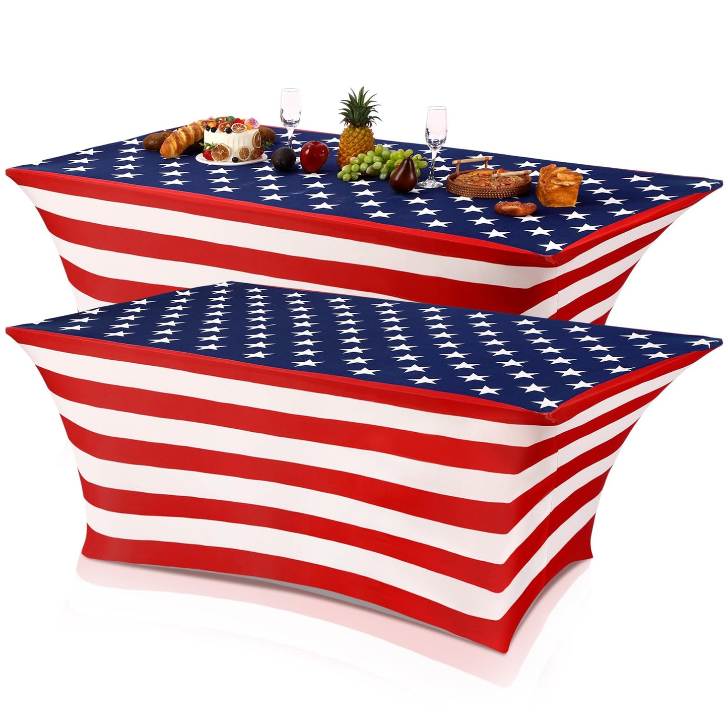Oudain 2 Pcs 4th of July Table Cover Stretch Tablecloth 6 Feet Red White and Blue Star Memorial Day Spandex Table Clothes Patriotic Party for 250th Anniversary Independence Day Party Celebration