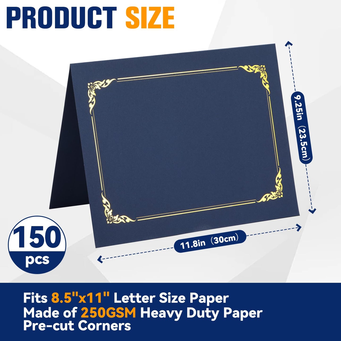 Prixzelkym 150 Packs Certificate Covers, 250gsm Navy Blue Diploma Holders with Gold Foil Border, Suitable for Inner Pages with a Size of 8.5x11 Award Certificates, Document Papers, Paper Card Stock