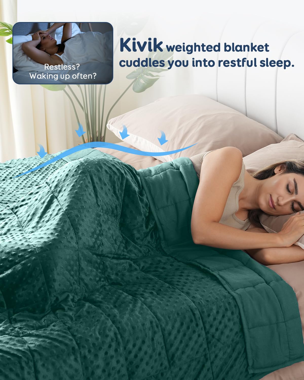 Kivik Cooling Weighted Blanket for Adults, 15 lbs Breathable Minky Dot Heavy Throw Blankets, Ultra Soft Weighted Comforter, Machine Washable, 60"x80" Queen, Dark Green