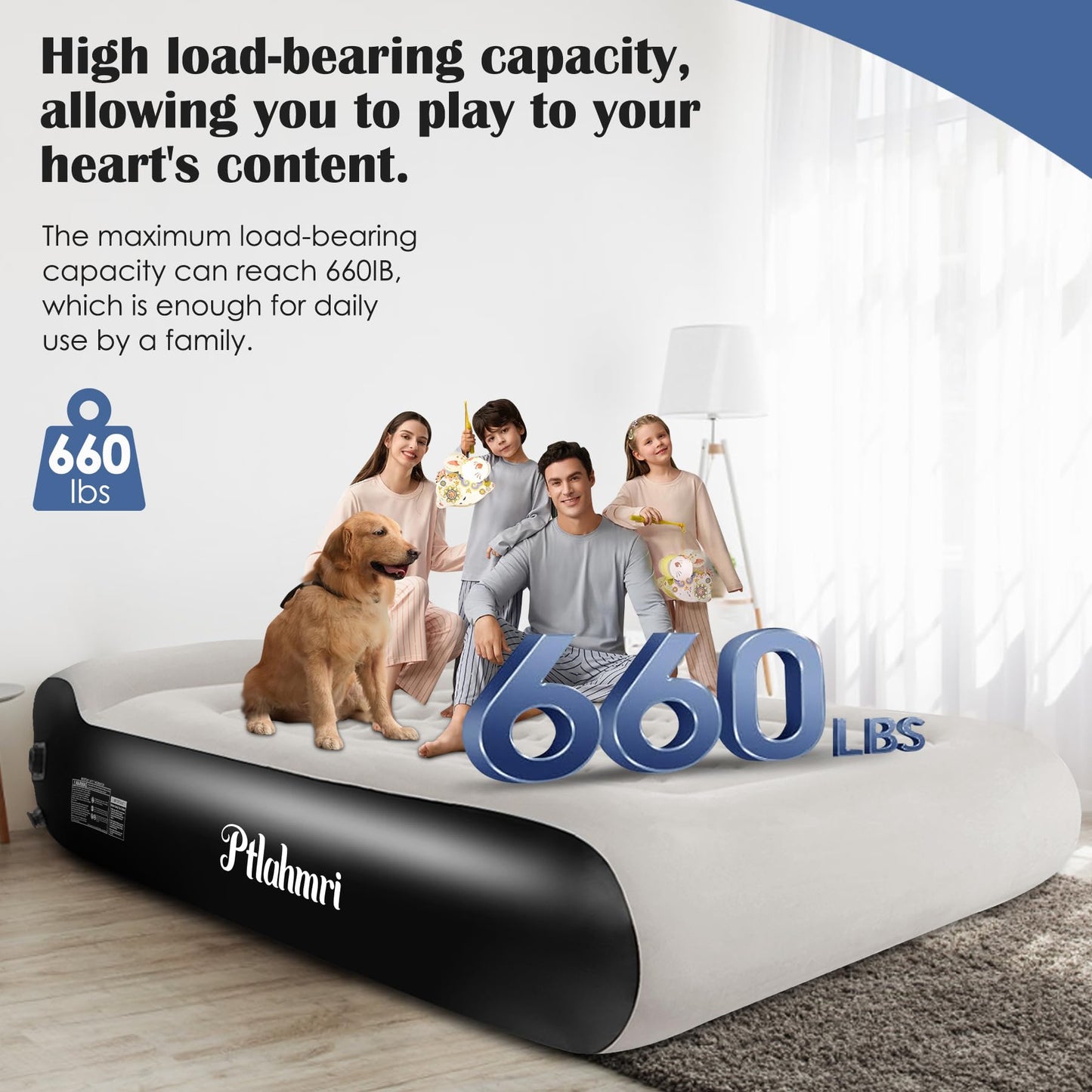 Ptlahmri Queen Air Mattress Full with Built-in Pump,16'' Blow up Mattress with Soft Flocked Top Luxury Inflatable Mattress 3 Minute Fast Inflation/Automatic deflation for Camping＆Home and Guest