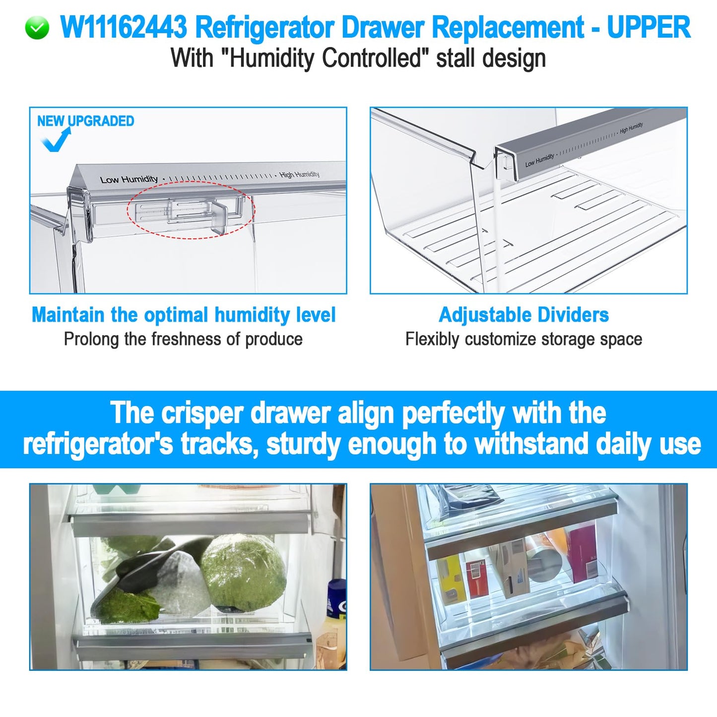 UPGRADED W11162443 Refrigerator Crisper Drawer Compatible with Whirlpool Crisper Drawer W10899435 Whirlpool Fridge Drawer W11046494 Maytag Refrigerator Drawer WRS325SDHZ WRS315SDHZ WRS315SDHM Drawer