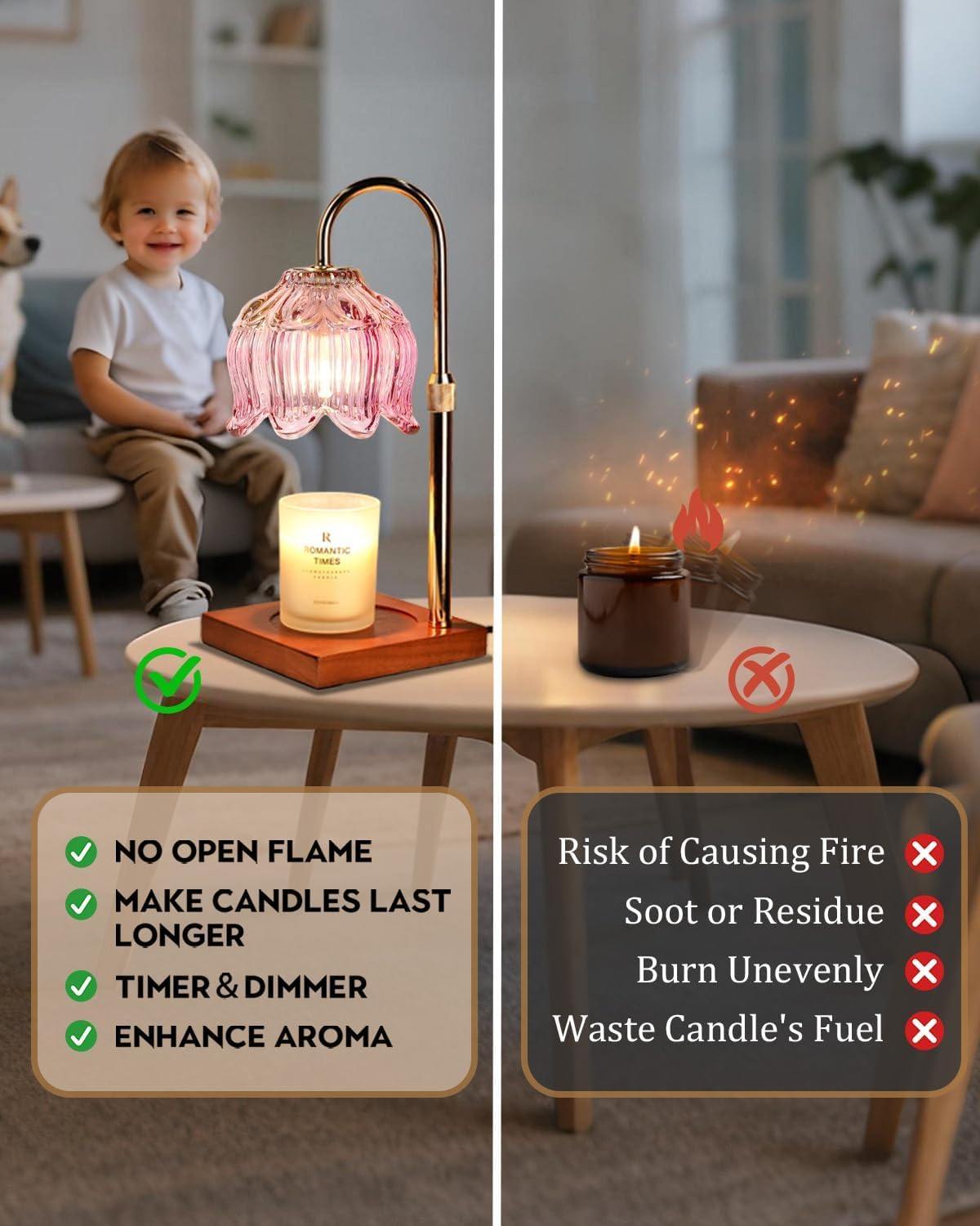 Pink Candle Warmer Lamp with Timer & Dimmer, Candle Lamp Warmer Adjustable Height, Mothers Day Birthday Gifts for Women Mom, House Warming New Home Bedroom Decor, Flower Wax Warmer for Jar Candle