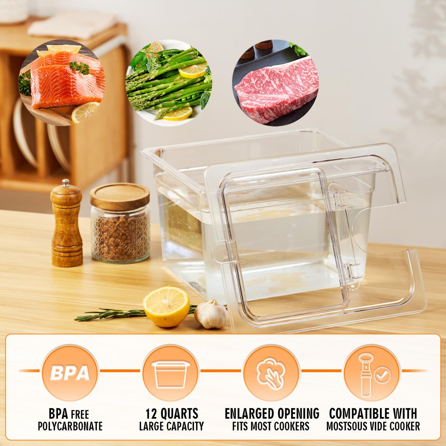 HOMENOTE Sous Vide Container 12 Quart with Universal Collapsible Hinged Lid,Sous Vide Accessories Kit BPA Free,Compatible with Anova and Most Sous Vide Cookers