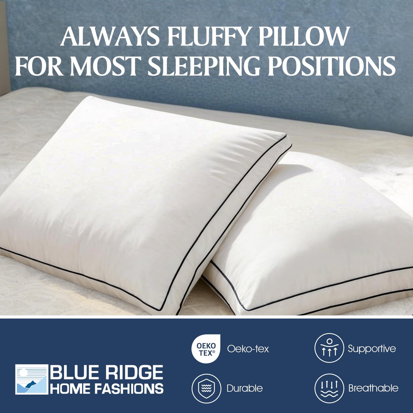 Blue Ridge Home Fashions Hotel Collection Pillows Queen Size Set of 2, Medium Soft Down Alternative Fill with Gusseted Design, Breathable 400 Thread Count Cotton Cover for All Sleep Positions