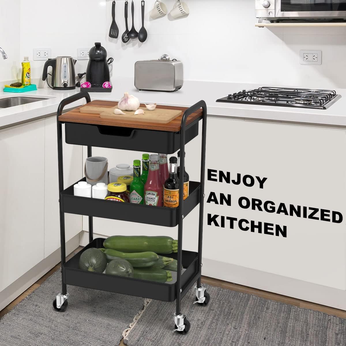 Aratan 3 Tier Rolling Cart with Drawer, Metal Utility Cart on Wheels Storage Cart with Wood Top, Kitchen Cart Art Cart Organizer for Bathroom Office Balcony Living Room