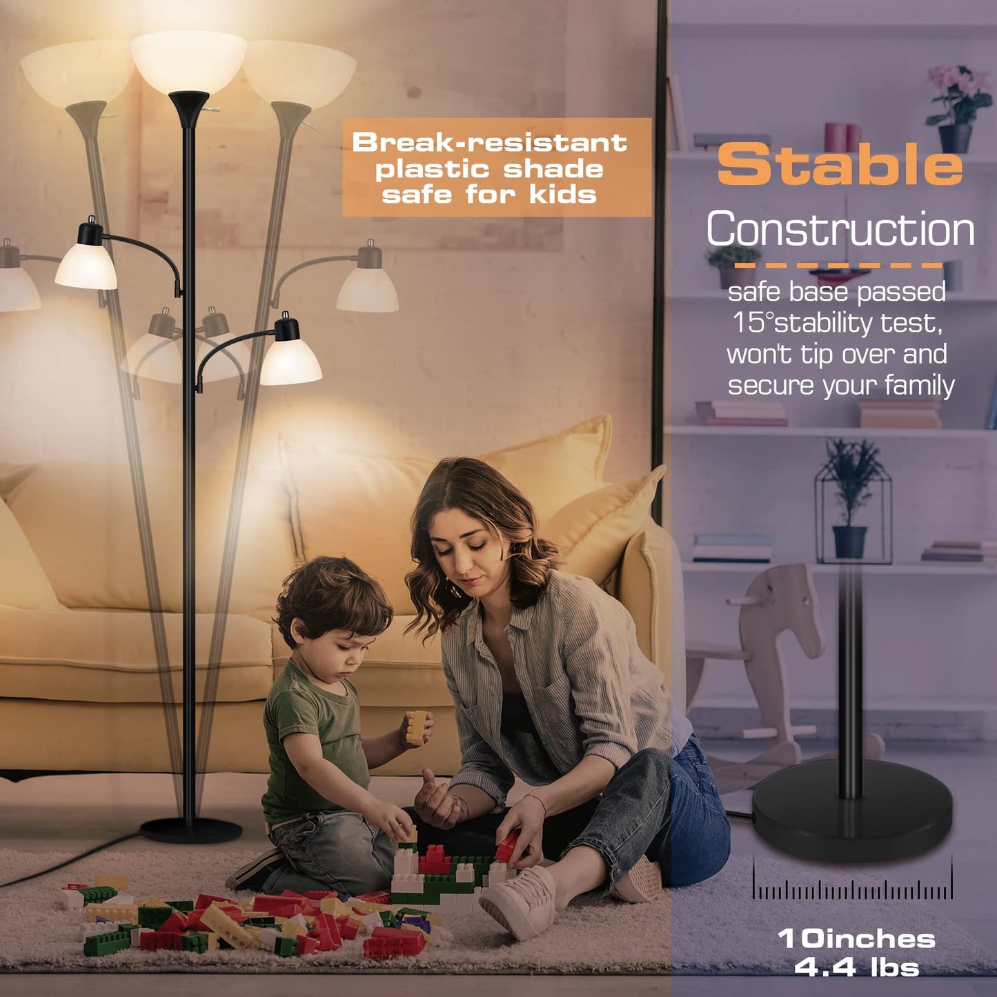 Luvkczc Floor Lamps for Living Room, 72" Tall Torchiere Floor Lamp with 8W Adjustable Reading Lights, Industrial Lamps for Living Room, Bedroom, Office, Black Tree Floor Lamp【3 Bulbs Included】