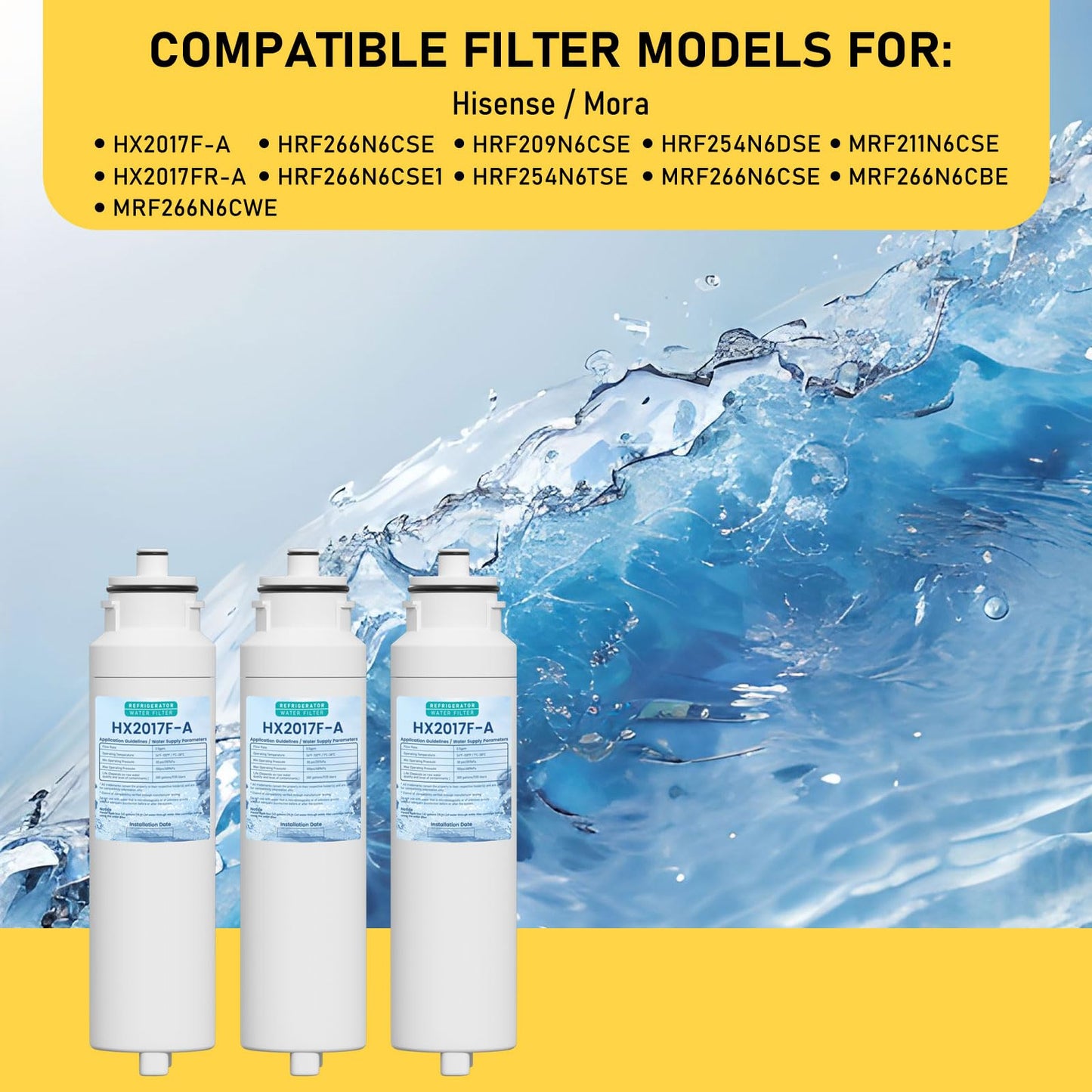 HX2017FR-A HX2017F-A Water Filter Replacement Compatible with Hisense HRF266N6CSE1, HRF266N6CSE, HRF209N6CSE, HRF254N6TSE, HRF254N6DSE Twist-In Models, 3 Pack