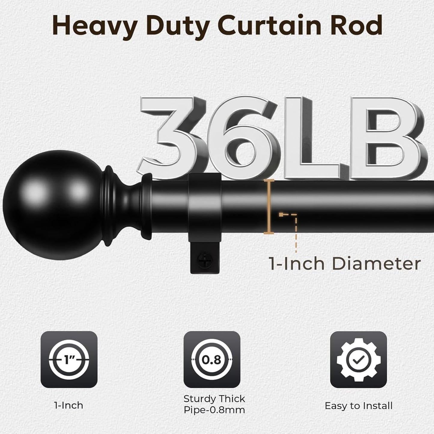 Zeerobee Curtain Rods for Windows 66 to 120, 1 Inch Adjustable Heavy Duty Black Curtain Rod, Outdoor Indoor Room Divider Modern Drapery Pole, 66-120"