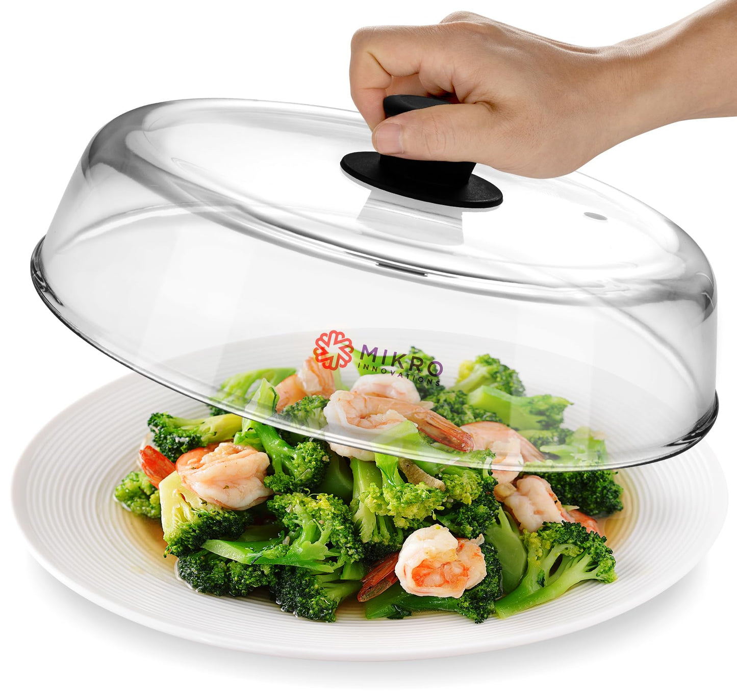 Mikro Innovations 10.5-Inch Glass Microwave Splatter Cover – Borosilicate Glass Food Plate Splatter Guard with Vent Hole, BPA-Free, Easy-Grip Silicone Knob, Dishwasher Safe (1, Black, 10.5in)