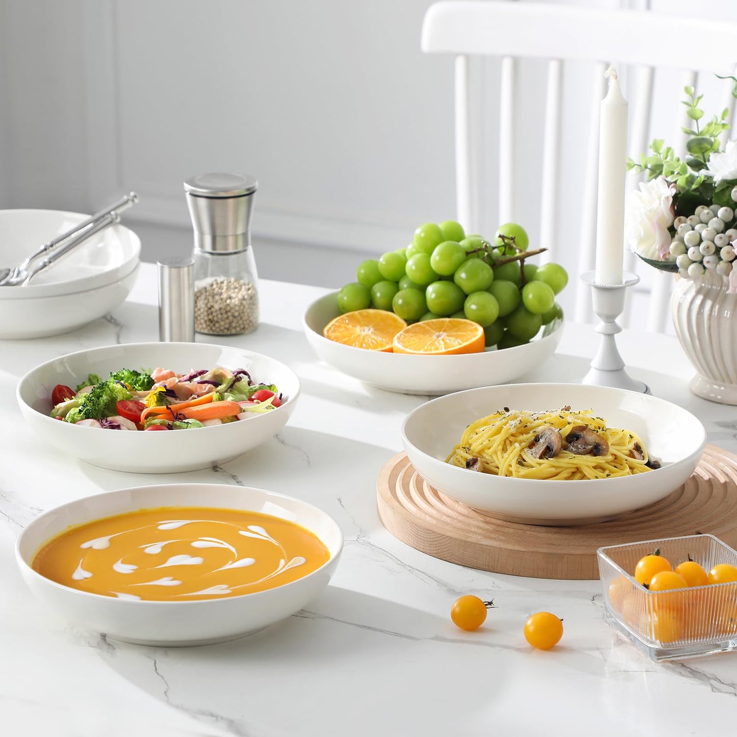 MALACASA 8.85" Large Pasta Bowls, 42 OZ White Salad Bowls Soup Bowls, Porcelain Serving Bowls Set of 6, Large Kitchen Bowl Plates Pasta Plates, Microwave & Dishwasher Safe, Series REGULAR