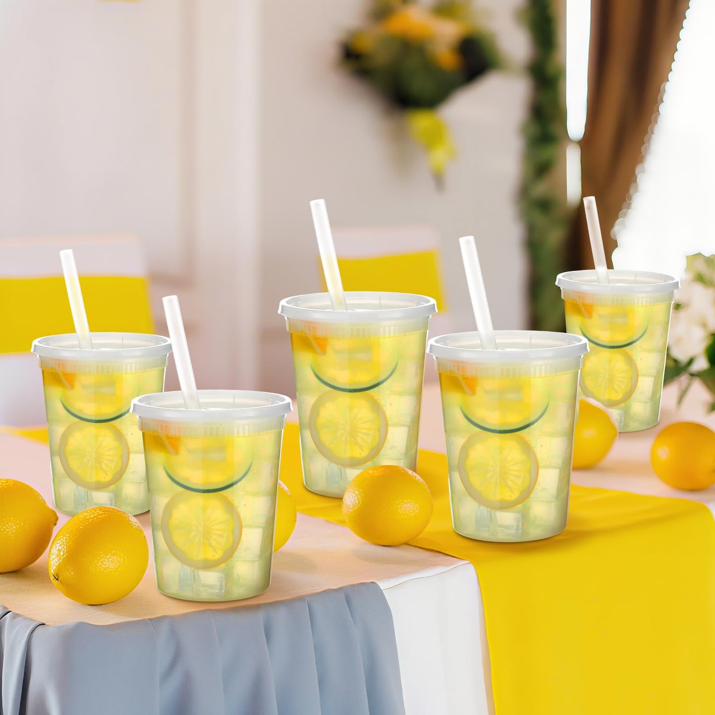 LemonRoad 24 Set Lemonade Stand Supplies Lemonade Stand Kits Include 24 Pcs 32oz Plastic Cups with Lid and Straw, Straw Puncher for Plastic Lids, Muddler, Mixing Spoon, Cleaning Brush for Summer Party
