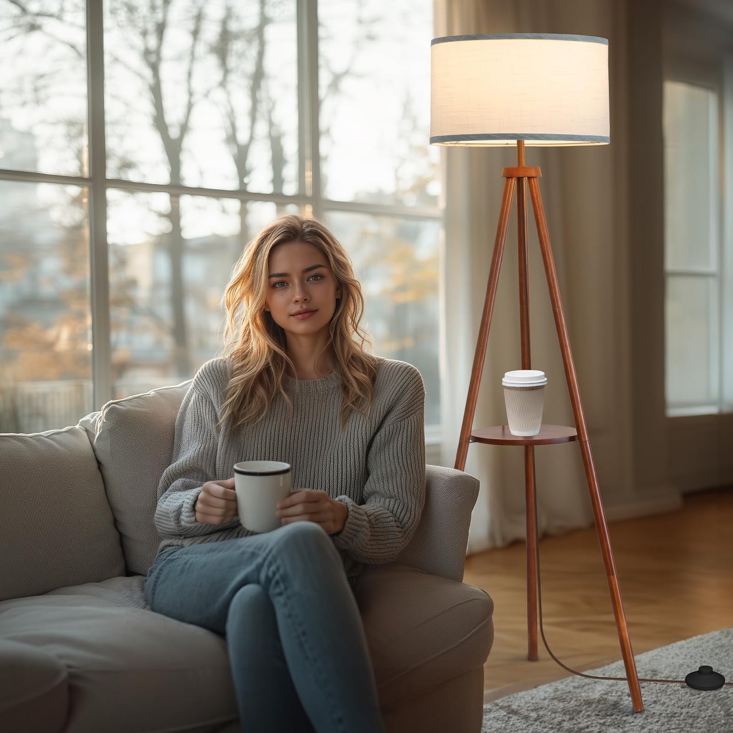 EOEYYOYB Floor Lamps for Living Room, Modern Standing Lamp with Shelf, 3 Color Temperature Led Bulb Tall Lamps with Foot Switch for Bedroom and Office, Walnut