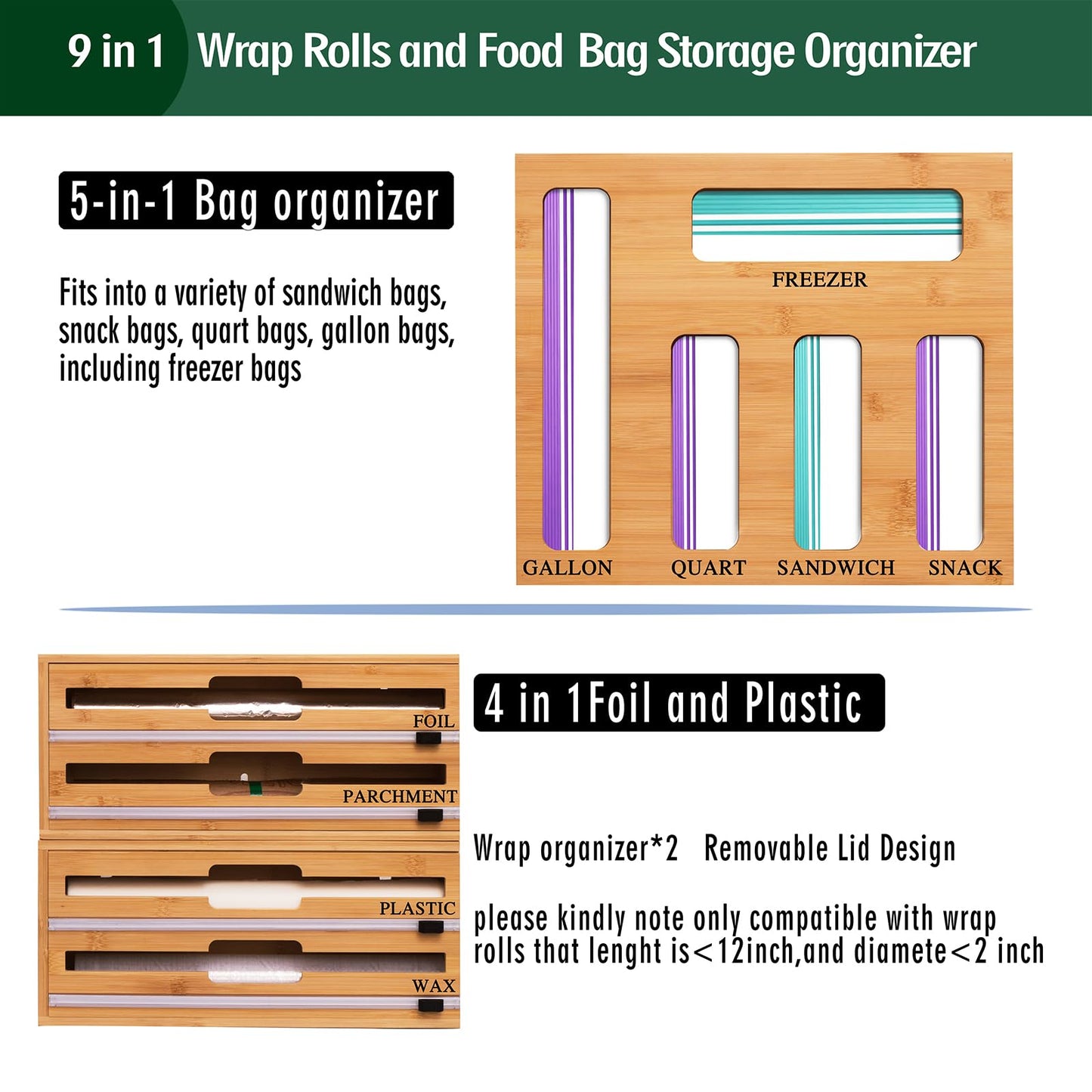 FifanQiQi 9 In 1 Storage Bag Organizer And Plastic Wrap Dispenser With Cutter, Bamboo Foil and Plastic Wrap Organizer