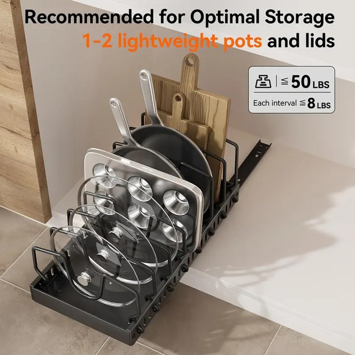 AmoiChic 2 Pack Pull Out Cabinet Organizer for Pots and Pans, Black Storage Rack with 8 Adjustable Dividers, Kitchen Cabinet Organizer for Pot Lids, Bakeware, Dishes Storage