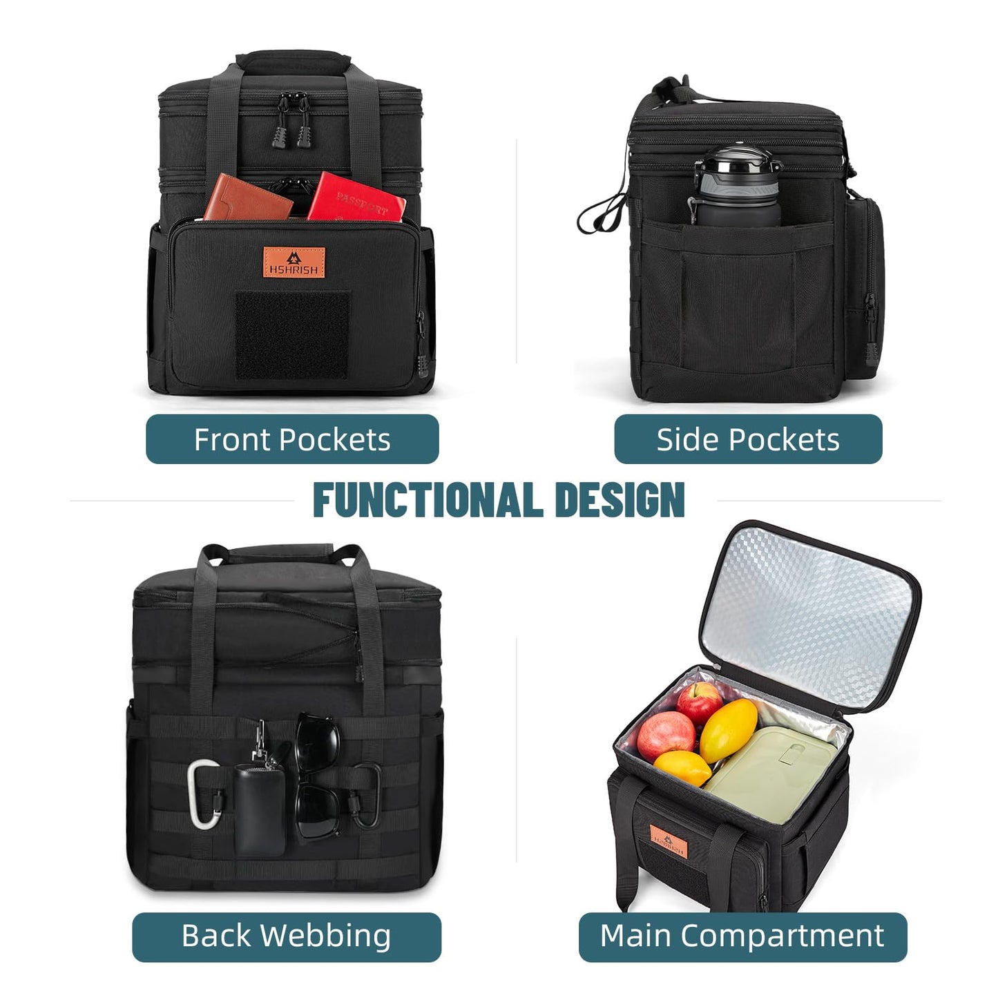 XLarge Expandable Tactical Lunch Box for Adults, Durable Leakproof Insulated Lunch Cooler Bag for Men Work Office Outdoor Picnic Trips Camping, 36 Cans/22 L, Black, HSHRISH