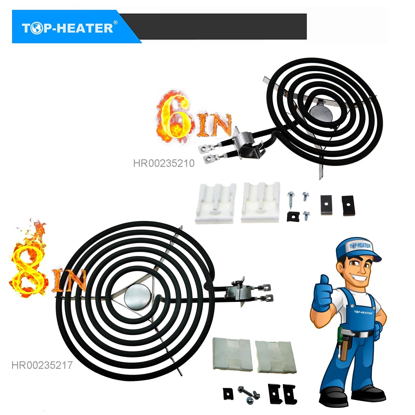 TOP-HEATER Electric Range Burner Element Unit Set 235217 8'' & 235210 6'' Replacement Match B30X359 & WB30X348 Surface element for GE Hotpoint RCA Range Stove, 4 Pack