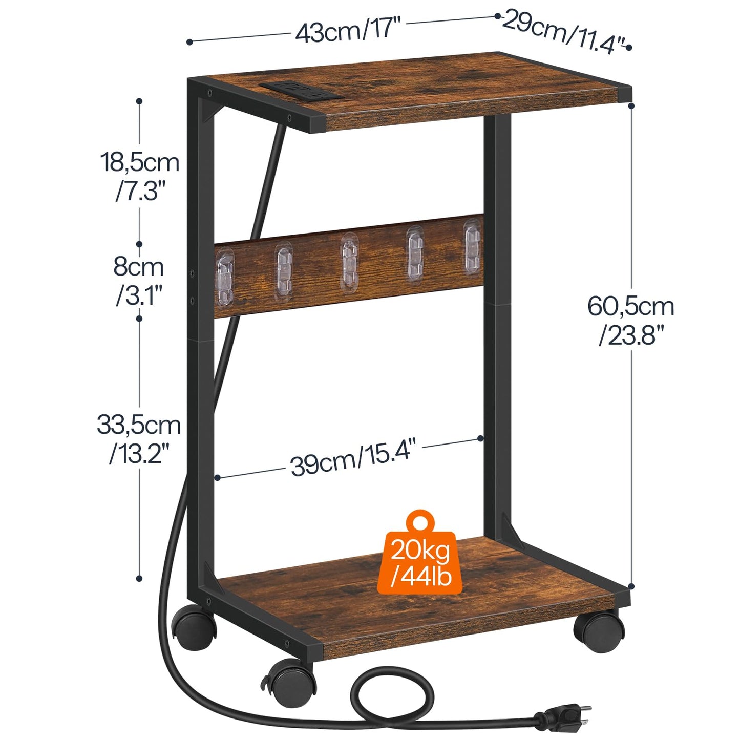 HOOBRO Computer Tower Stand, PC Stand with Charging Station, 2-Tier PC Tower Stand with Locking Caster Wheels, CPU Stand Fits Most PCs, PC Stand for Floor, for Home Office Rustic Brown BF01UCJ01G1