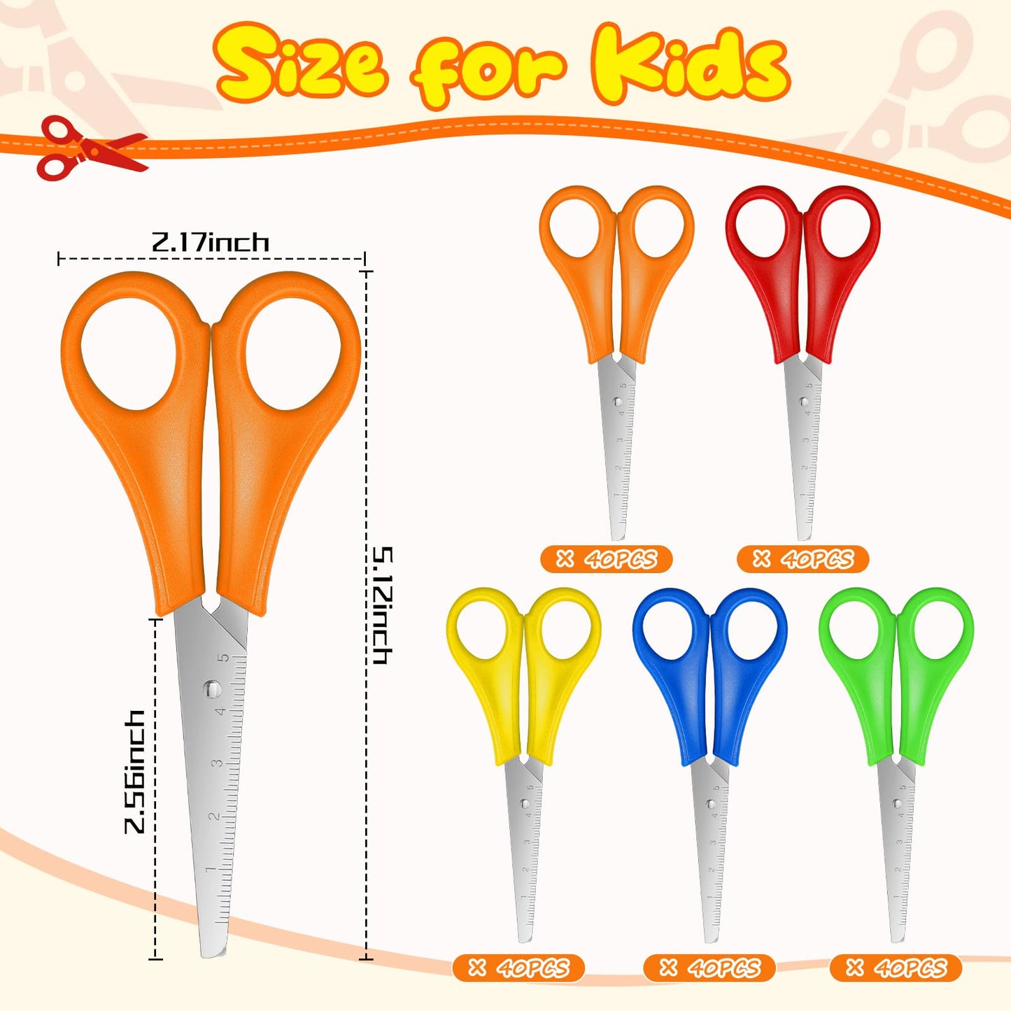 200 Pcs Kids Scissors Bulk - 5'' Student Safety Scissors, Stainless Steel, Blunt Tip, For School, Office & Craft Projects