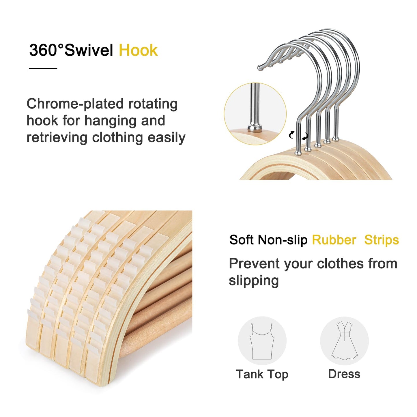 TOPIA HANGER Sleek Wooden Hangers with Non-Slip Rubber Grips, Sweater Hangers No Shoulder Bump, Lightweight Clothes Hangers 30-Pack, 360° Swivel Hook and Pants Bar-CT63N30