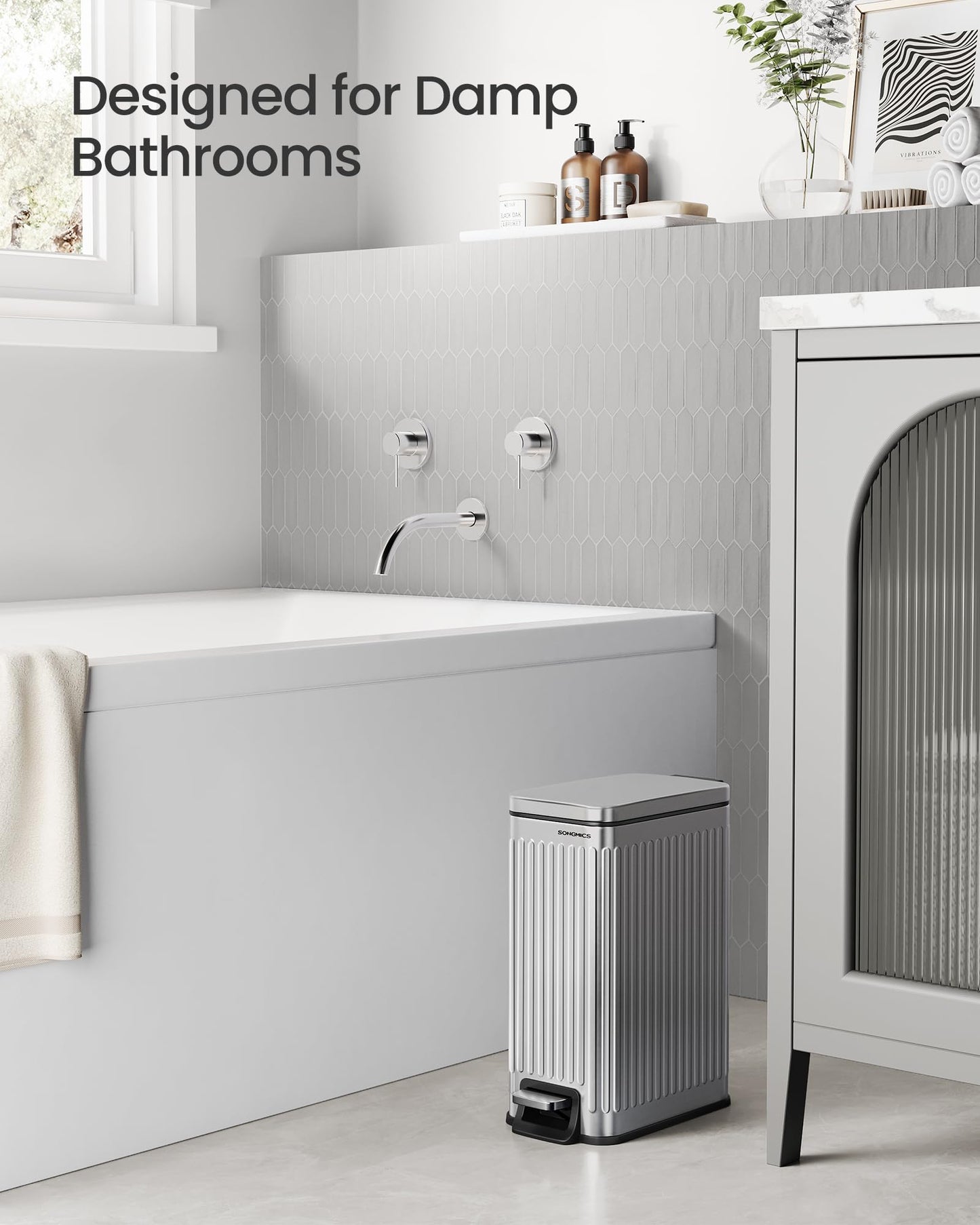 SONGMICS Bathroom Trash Can, 1.6-Gallon (6 L) Trash Bin with Lid, Slim for Small Spaces, Stainless Steel Garbage Can, Soft Close, Silver ULTB563E01