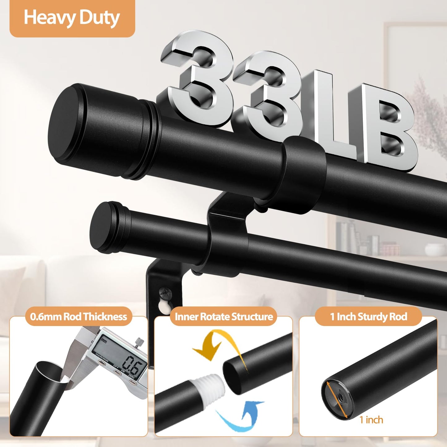 Double Curtain Rod 72 to 144 Inch, HOTOZON 1 Inch Heavy Duty Double Curtain Rods for Windows 60 to 140 Inches(5-11.6 ft), Telescoping Drapery Rod with Simple End Finials, Black