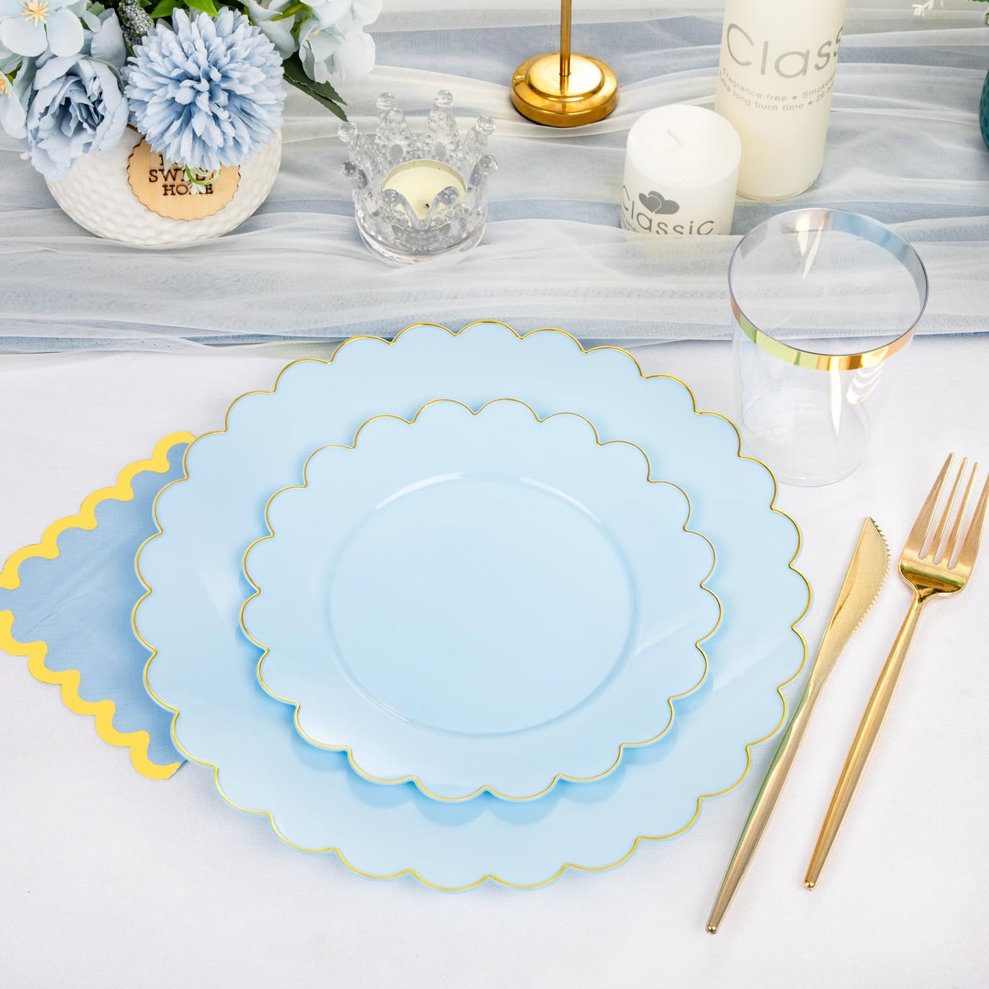 LIYH 210 Pcs Light Blue Plastic Dinnerware Set - Baby Blue Plastic Plates Napkins with Gold Foil Include Bridal Shower Plates Disposable Gold Silverware Napkins Cups for Birthday 30 Guests