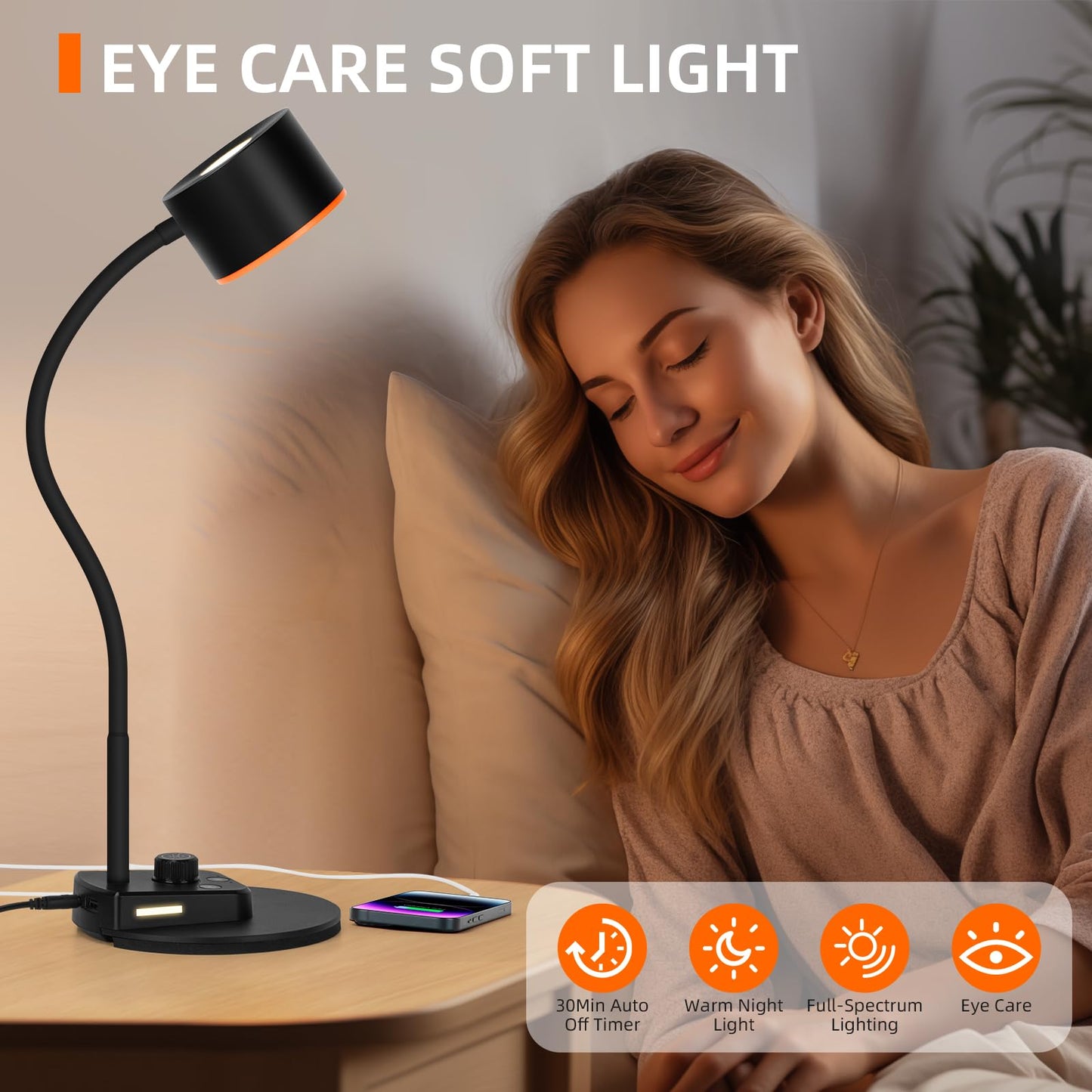 LiFMIRA Desk Lamp, LED Desk Lamp with USB C + A Charging Ports, 5 Colors Fully Dimmable Eye Care Reading Lamp for Bedside Table Full Metal Efficient Gooseneck Table Lamp for Home Office Black
