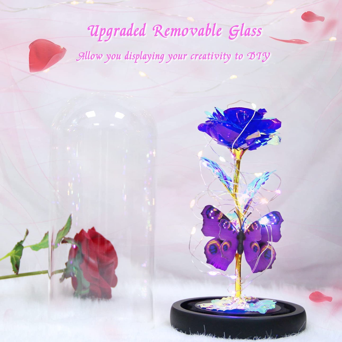 Greenke Mothers Day Rose Gifts for Mom, Galaxy Purple Butterfly Rose in Glass Dome, Light Up Forever Roses Birthday Gifts for Women Mom Grandma, Eternal Rose Gift for Her Anniversary, Mother Gift