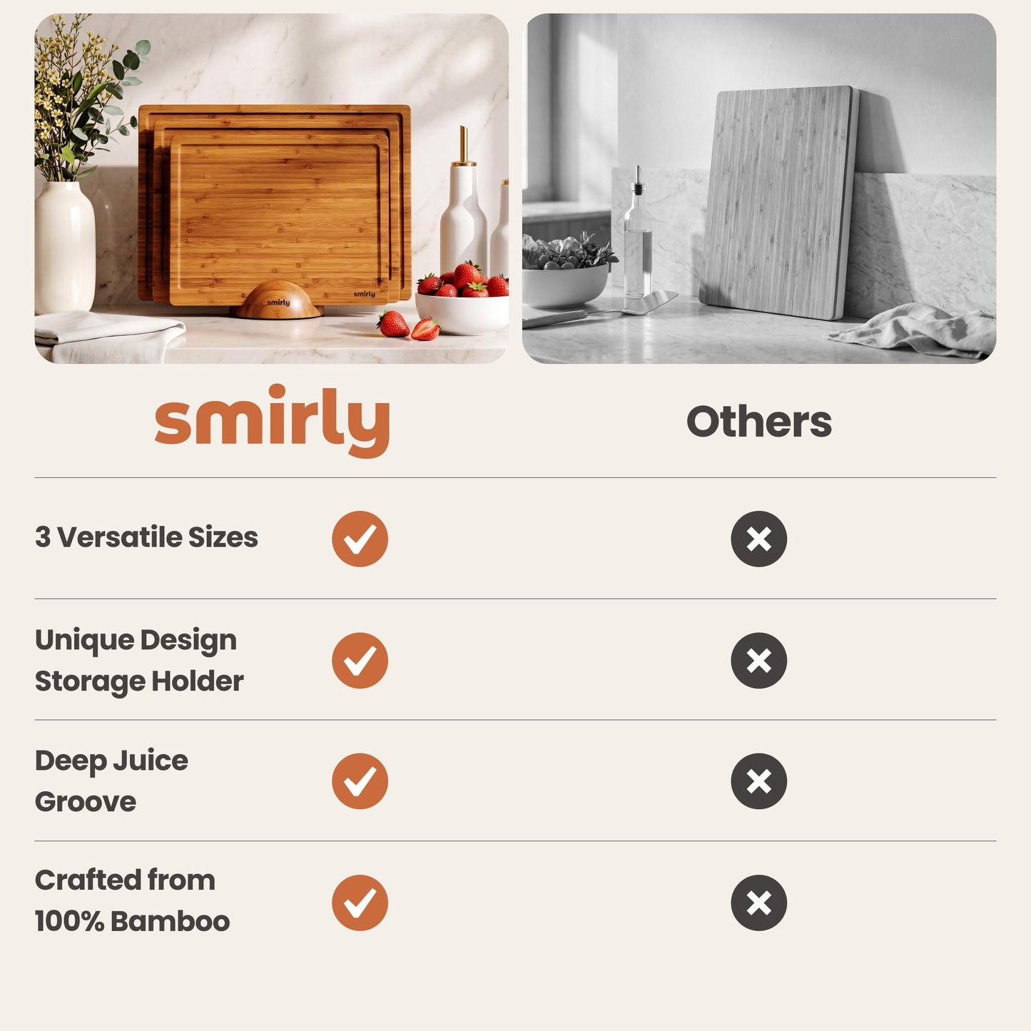 SMIRLY Bamboo Cutting board for Kitchen - Wood Cutting Boards for Meal Prep, Serving, Charcuterie - Kitchen Gadgets, House Warming Gifts - Wooden Chopping Board Set of 3 with Holder - Brown Bamboo