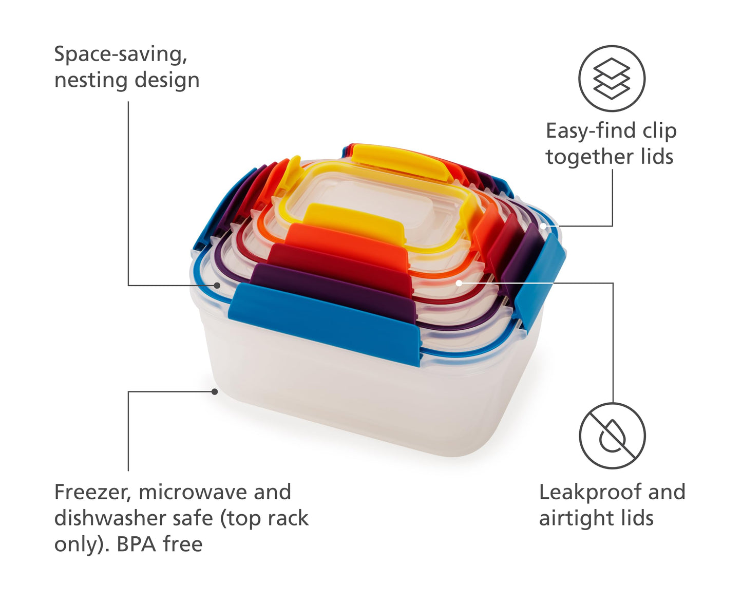 Joseph Joseph Nest Lock Plastic BPA Free Food Storage Container Set with Lockable Airtight Leakproof Lids, 10-Piece, Multi-Color