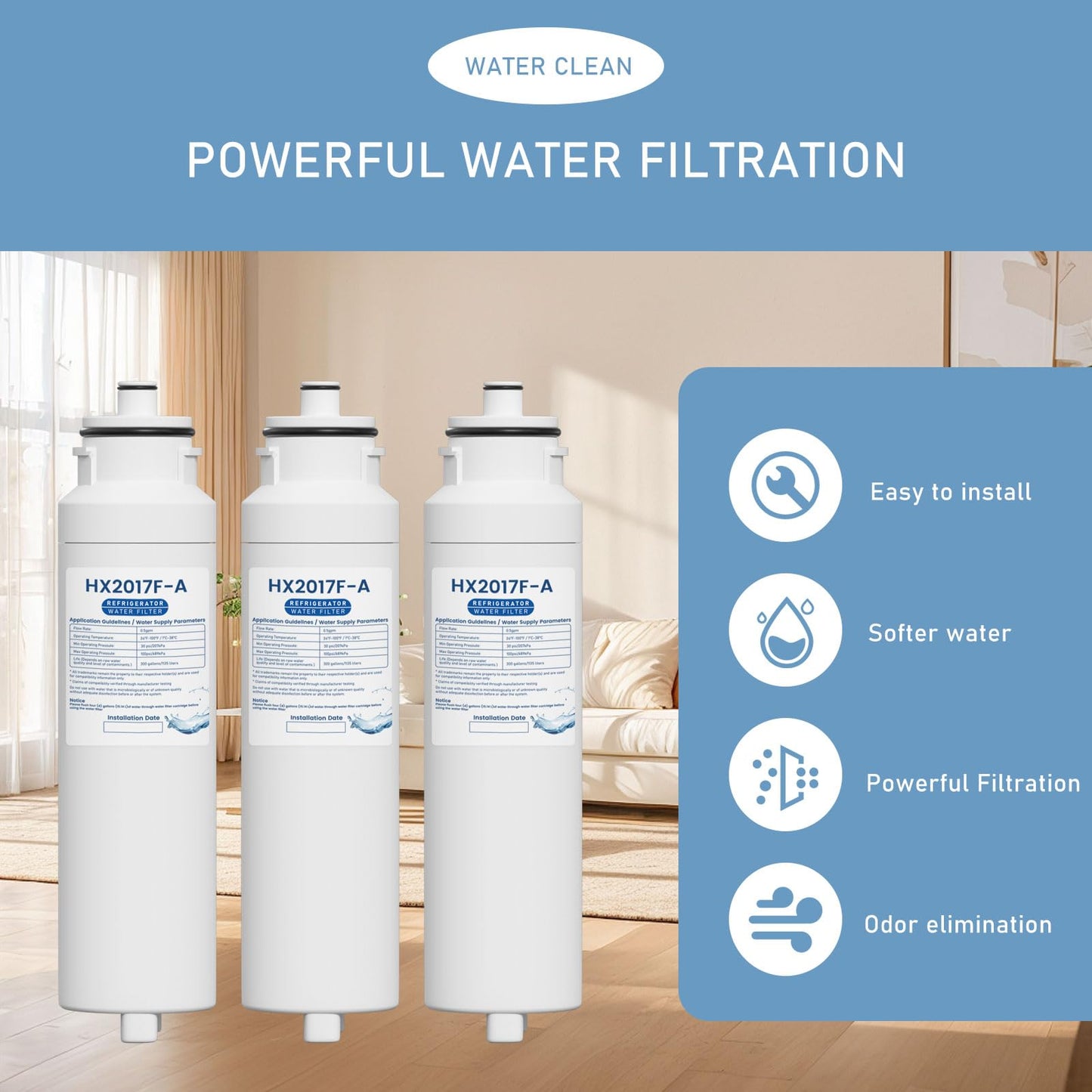 HX2017FR-A Water Filter Cartridge Compatible with Hisense HRF266N6CSE1, HRF266N6CSE, HRF209N6CSE, HRF254N6TSE, HRF254N6DSE Twist-In Models, 3 Packs