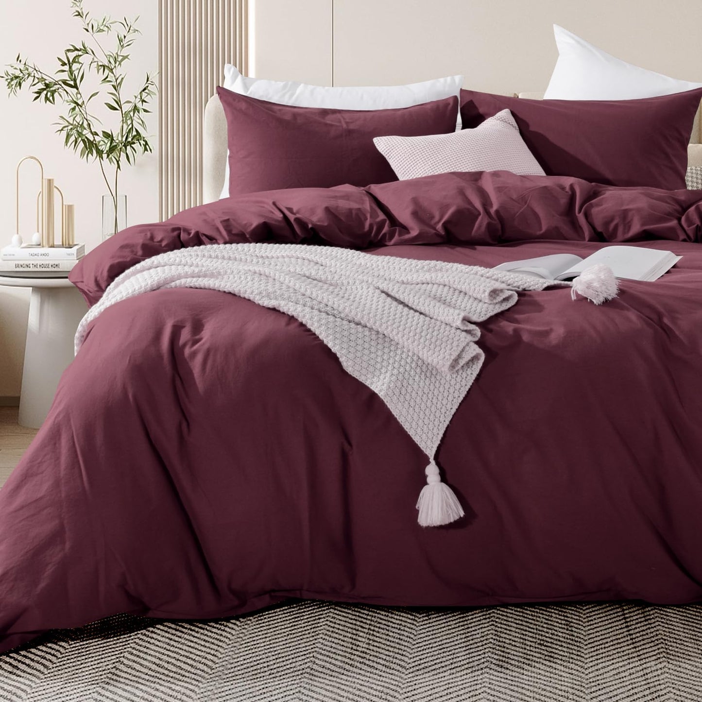 NEXHOME PRO Duvet Cover Set Queen Size Linen Look Textured 100% Washed Cotton Duvet Cover Burgundy Dark Red 3 Pieces Bedding Set with Zipper Closure,Breathable, Soft Organic Natural(No Comforter)