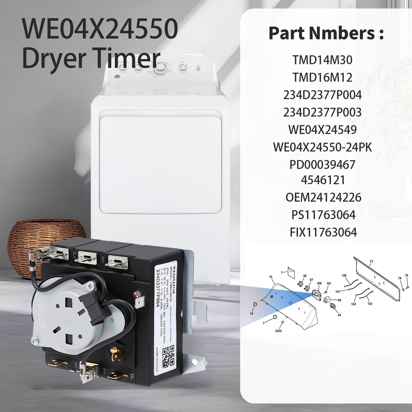 WE04X24550 234D2377P004 Dryer Timer Compatible with GE Hotpoint Dryer Timer GTD42EASJ2WW GTD48EASW0WB GTD42EASJ1WW GTD42GASJ2WW GTX42GASJ2WW, Replacement TMD14M30 WE04X24549 TMD16M12 234D2377P003