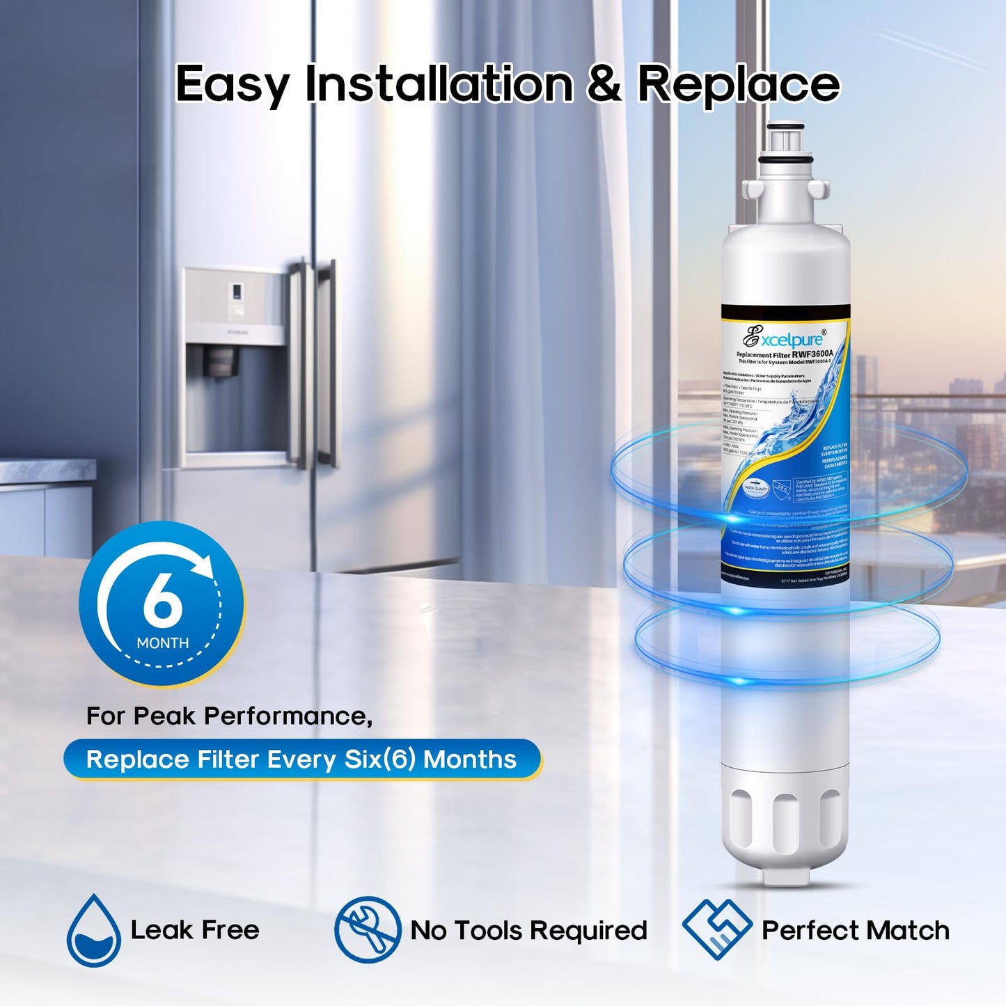 EXCELPURE RPWF Replacement for GE RPWF (Not RPWFE), RWF1063, RWF3600A, WSG-4, DWF-36, R-3600, MPF15350, OPFG3-RF300, BCF77, Refrigerator Water Filter, 4PACK