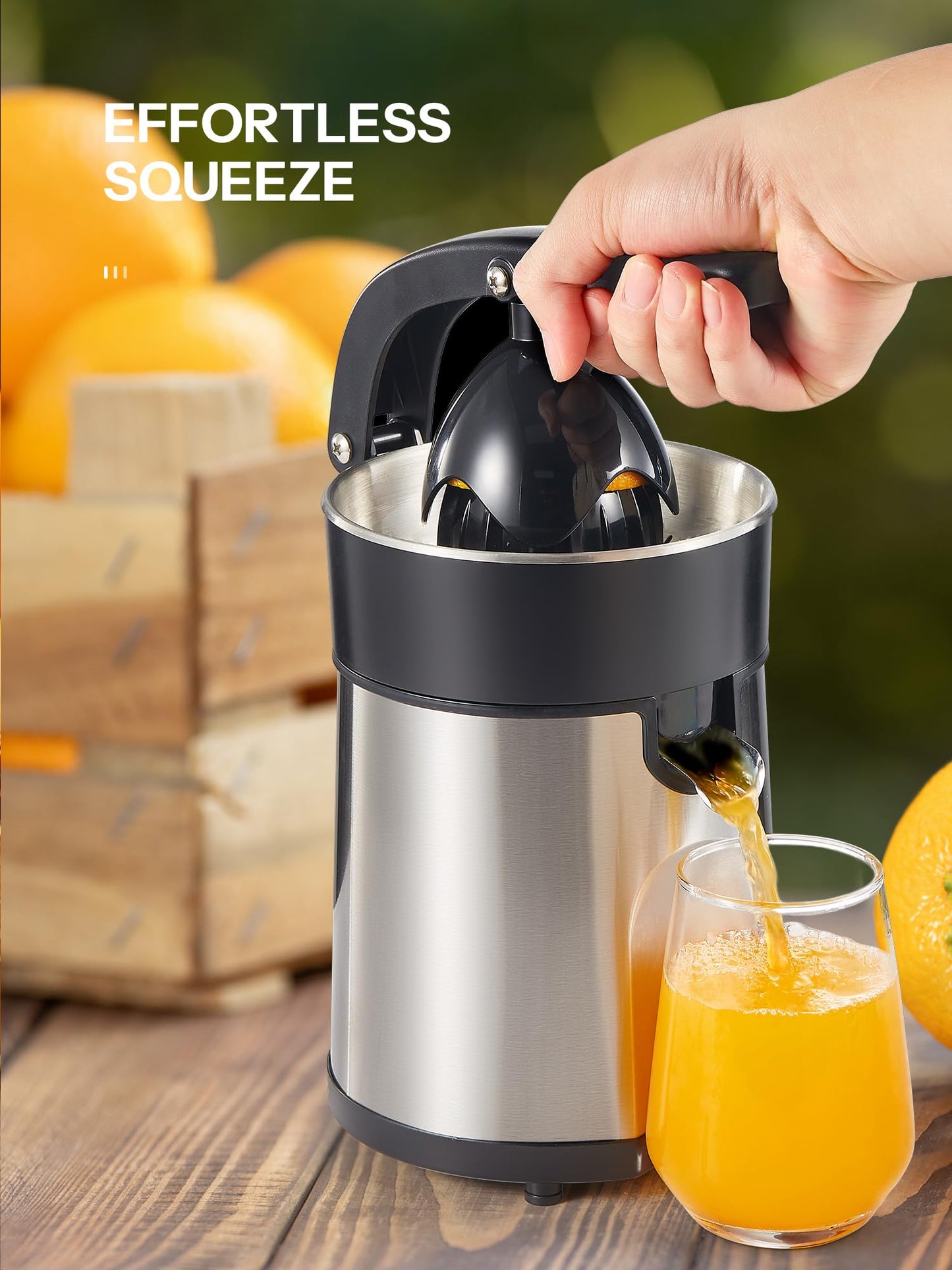 Professional Brushed Stainless Steel Electric Citrus Juicer, 2 Interchangeable Cones for Orange, Lemon & Grapefruit, Easy Clean, Durable Design & Effortless Operation
