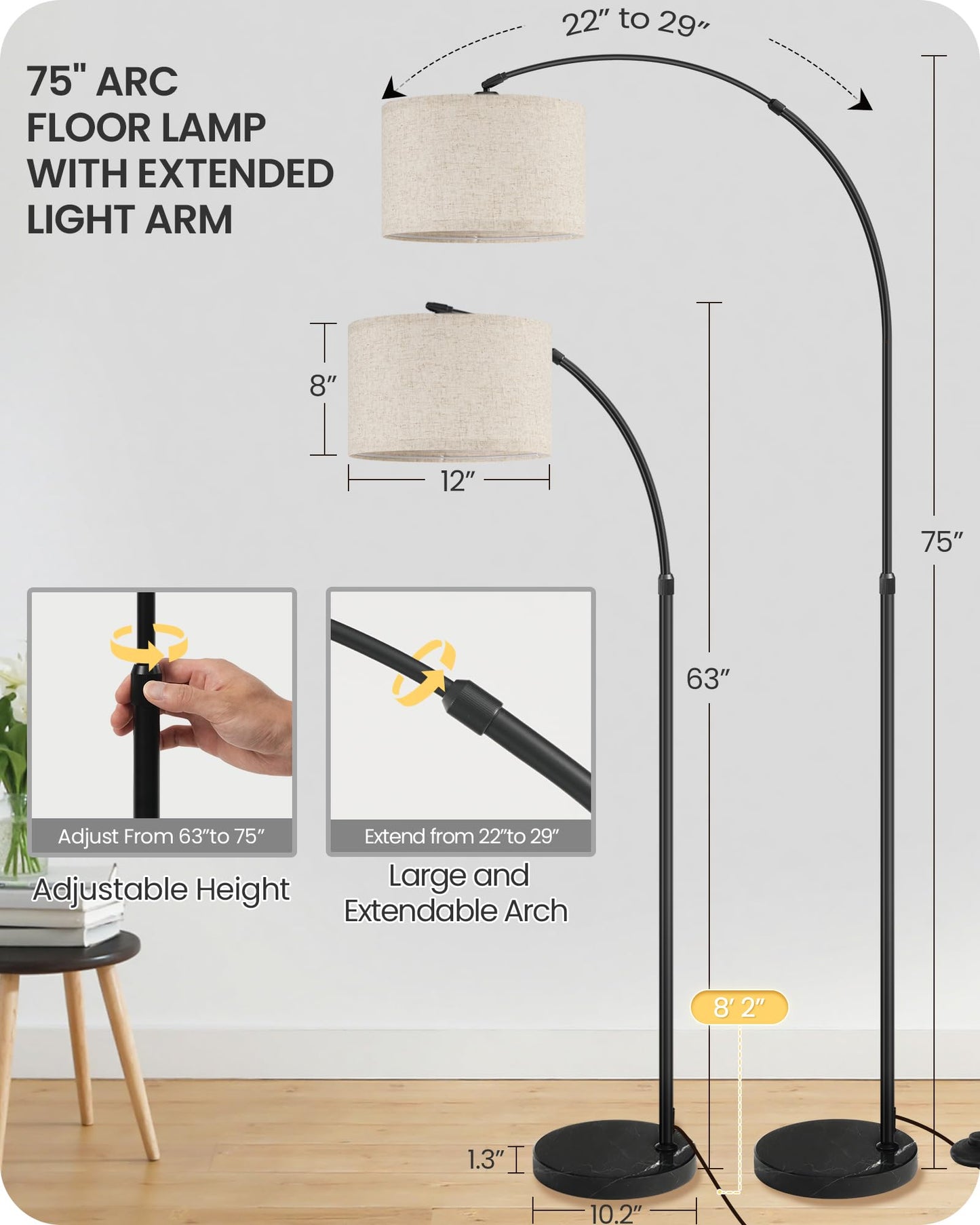 75" Arc Floor Lamp with Marble Base and Adjustable Height, Rotating Hanging Shade, Dimmable Floor Lamp for Living Room with Remote and Foot Switch, 3CCT, Over Couch Arched Reading Light E15LD05
