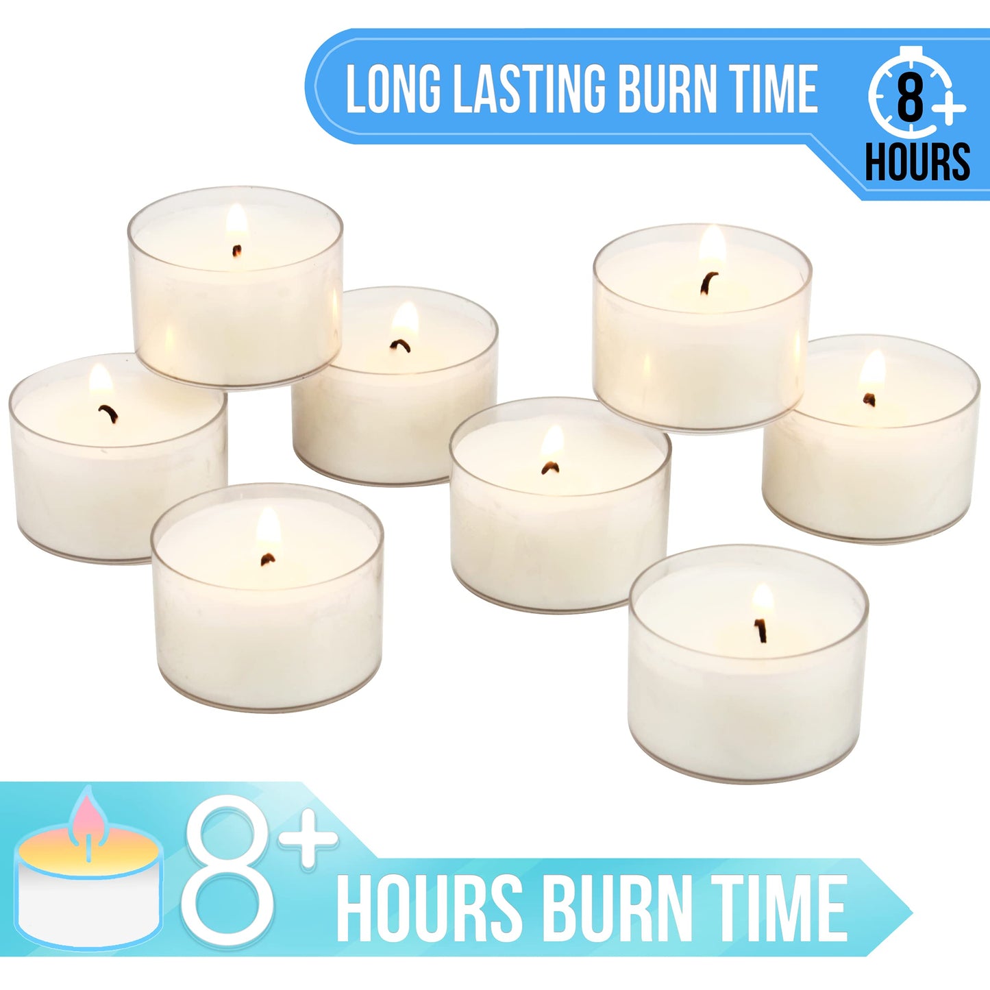 Stonebriar Bulk 192 Pack Unscented Smokeless Long Burning Clear Cup Tea Light Candles with 8 Hour Extended Burn Time