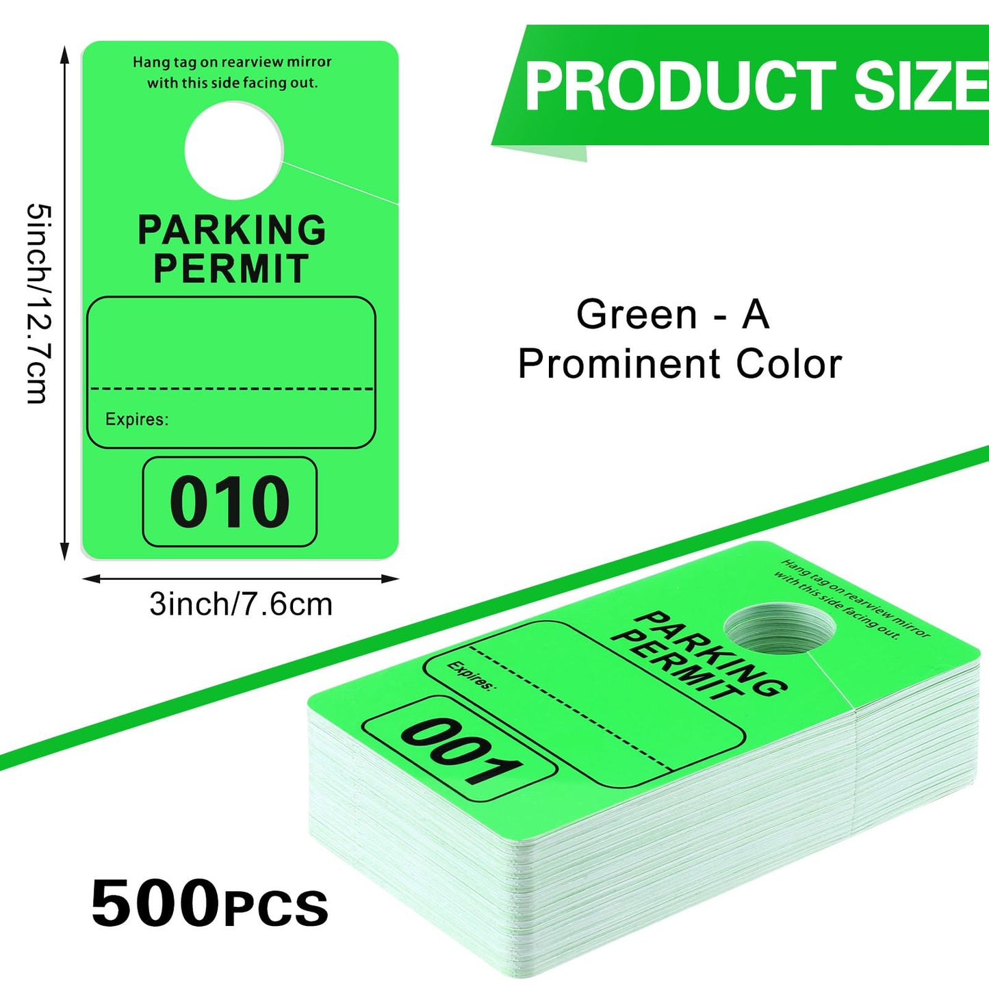 Gersoniel 500 Pack Parking Permit Hang Tag Plastic Parking Placards Numbered 001-500 PVC Hang Tag 3 x 5 Inch for Car Rear View Mirror(Green)