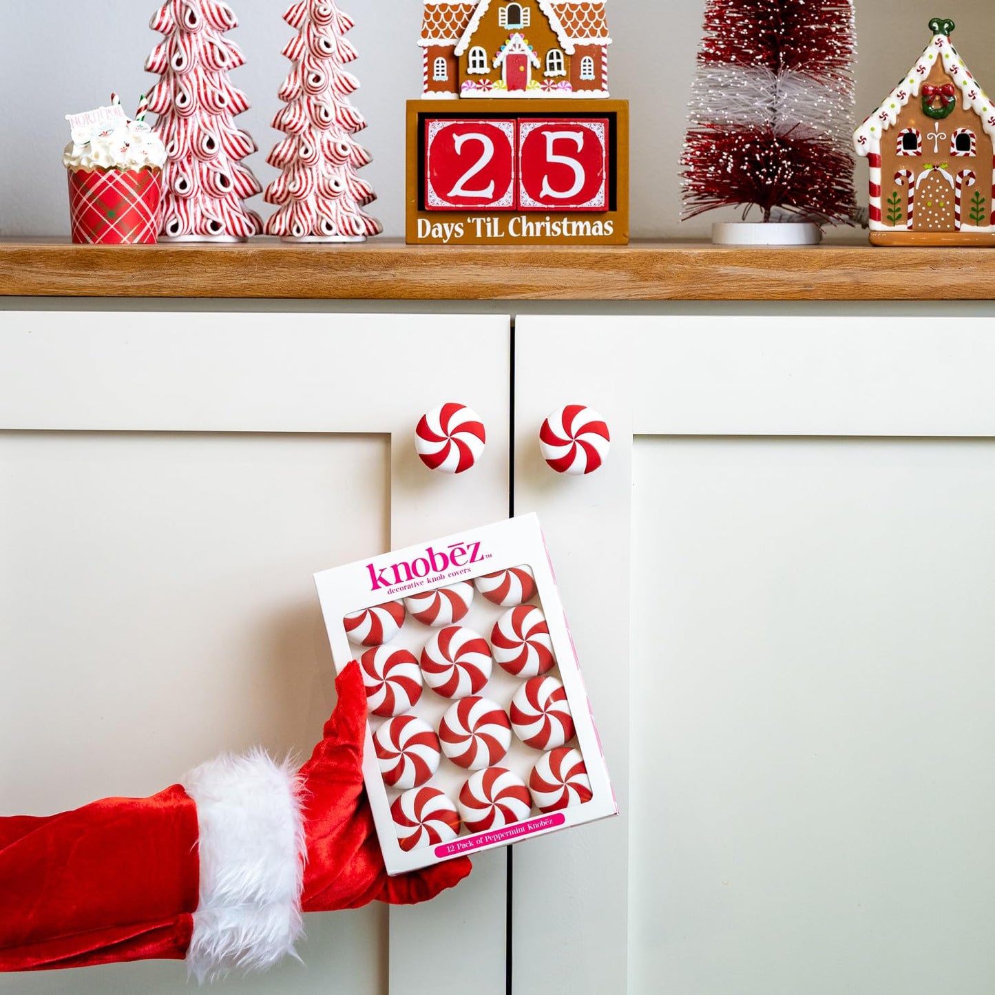 Knobēz: Decorative Knob Covers - Red Peppermint - 12pk - Stretch Over Hardware Decorations, Holiday-Winter-Christmas, Kitchen-Bathroom-Dressers-Home