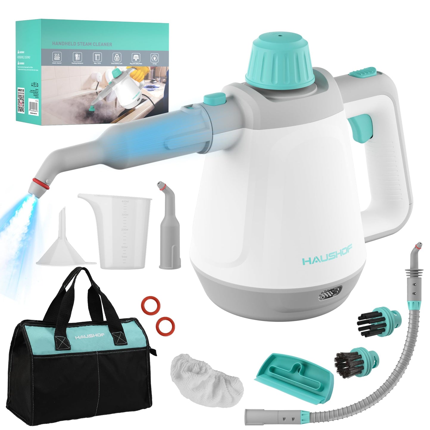 HAUSHOF Handheld Steam Cleaner, Steam Cleaner for Home with Tool Bag & Safety Lock, 11 pcs Accessories, Multi-purpose Natural Steam Cleaner for Cleaning Floor, Car, Upholstery, Grout and Grease