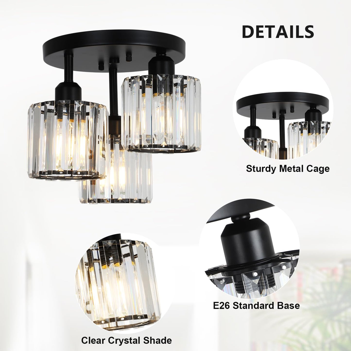 PAUFUL Crystal Semi Flush Mount Ceiling Light,3-Light Modern Close to Ceiling Light Fixtures,Black Kitchen Light Fixtures with Clear Crystal Shade,Hallway Light Fixtures for Hallway Bedroom Bathroom