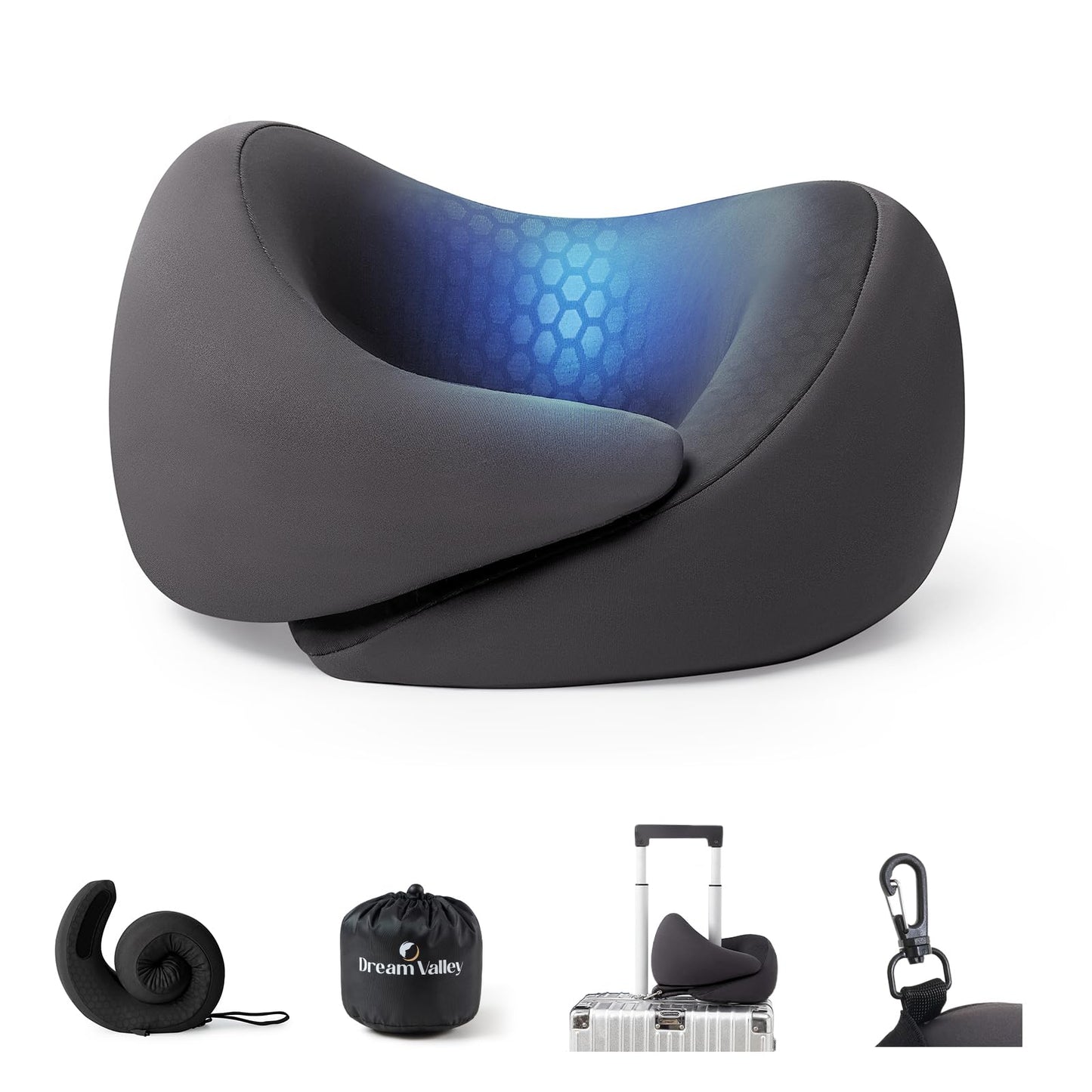 Dream Valley® Neck Travel Pillow, Memory Foam Travel Pillow for Airplane, Portable Roll-Up Neck Pillow with Cooling Inner Fabric, 360° Ergonomic Support, No Head Bobbing, Charcoal Gray