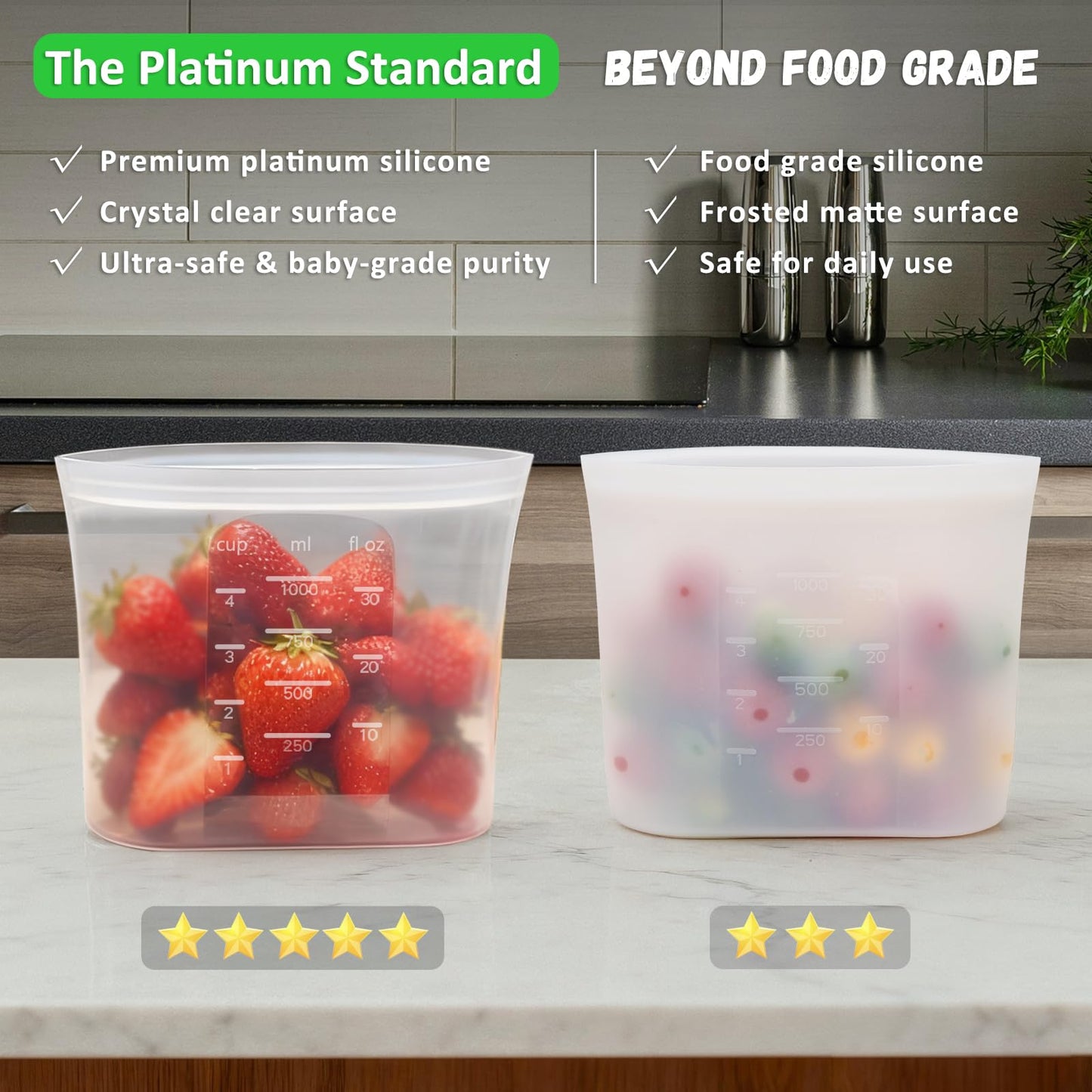 100% Platinum Silicone Reusable Storage Bags, 12 Pack, Premium Silicone Food Storage Bag Stand-Up Wide-Mouth Zip-Lock, Freezer Microwave Oven Dishwasher Safe, 4 M + 4 S + 4 XS, Crystal-Clear