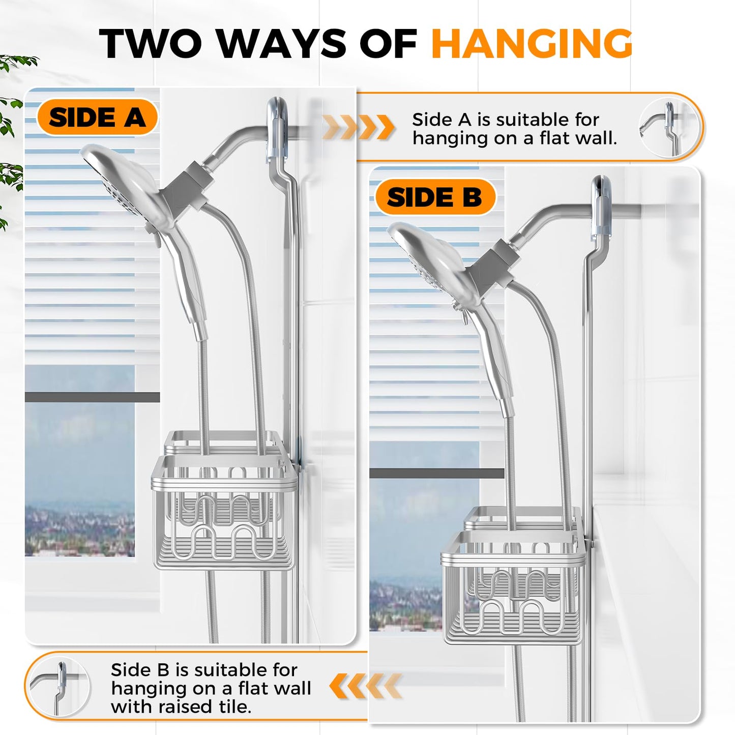 REINHARDT Aluminum Shower Caddy Hanging Adjustable Shower Caddy, Rustproof Hanging Shower Organizer with Hooks Soap Holders, Over Shower Head Caddy for Handheld Showerhead, Silver