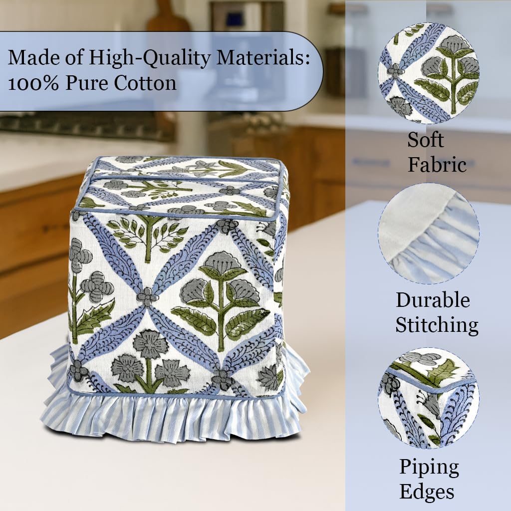 Ridhi Light Steel Blue Block Print Ruffle Tissue Box Cover Handmade Cotton Decorative Square Napkin Holder for Home Bedroom Living Room Bathroom Vanity Countertop Car Office Kitchen
