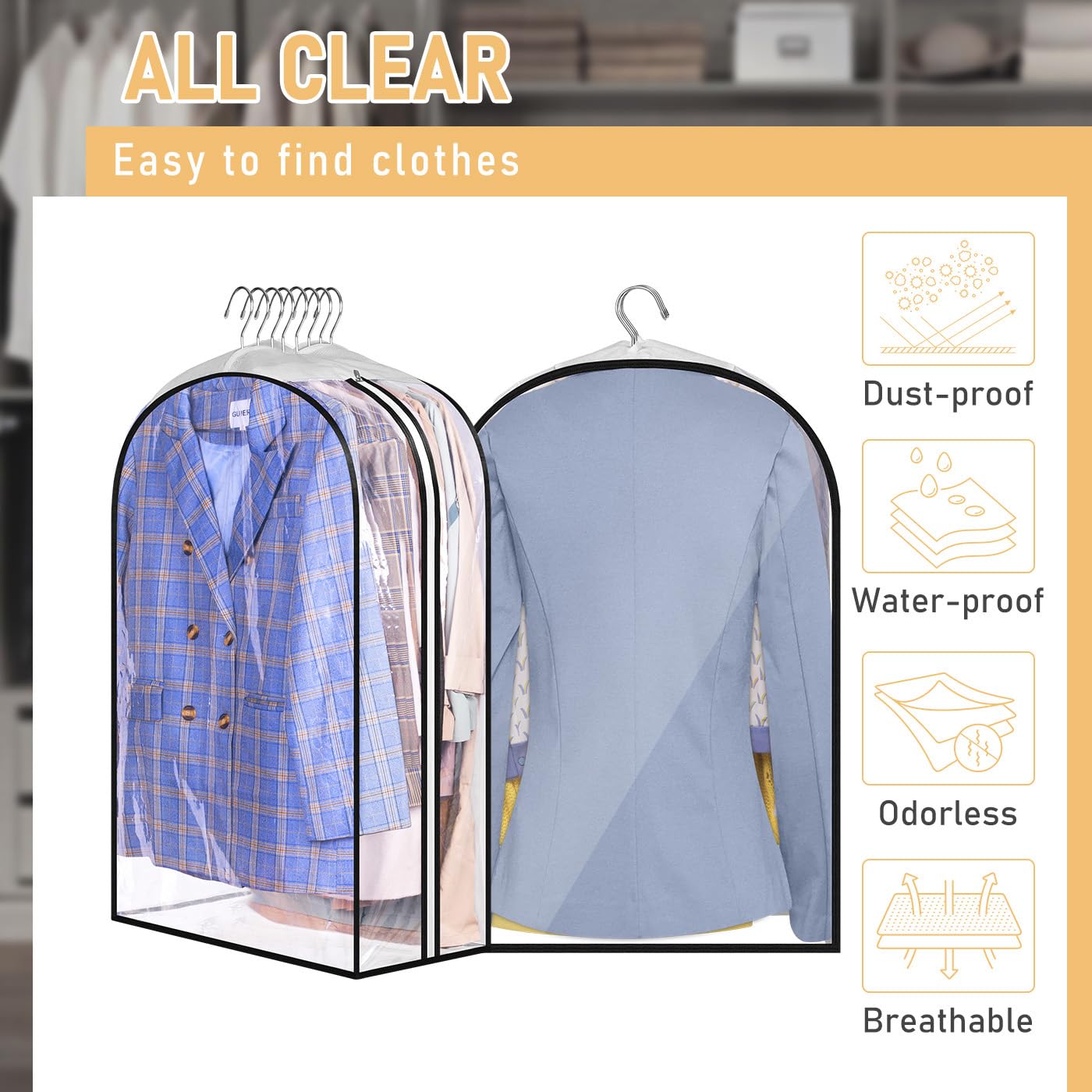 MISSLO 32" All Clear Garment Bags for Hanging Clothes 10" Gusseted Suit Bags for Closet Storage Suit Cover Hanging Clothes Storage for Shirts, Coats, 3 Packs