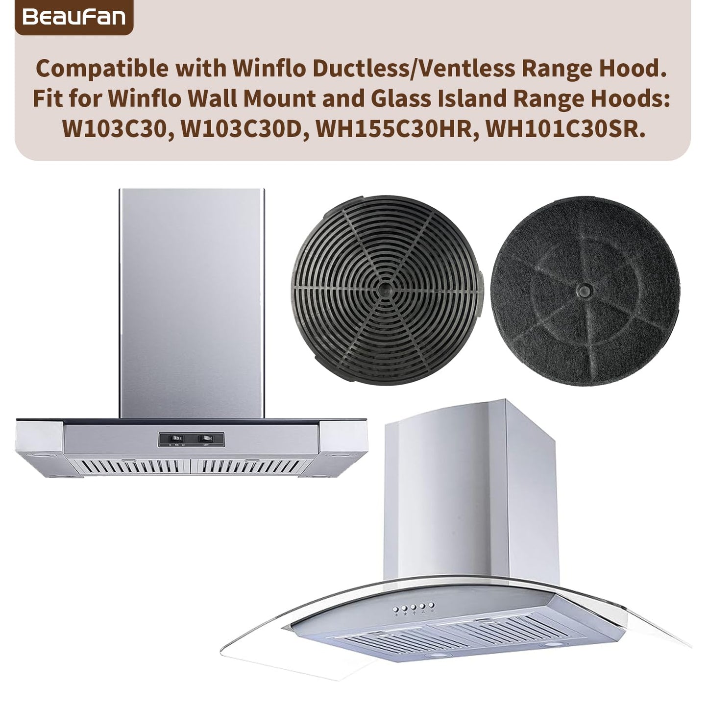 Beaufan WRHF005S2 Carbon Charcoal filters Fit for Winflo 30 In. Convertible Stainless Steel Glass Island/Wall Mount Range Hood (Set of 4)